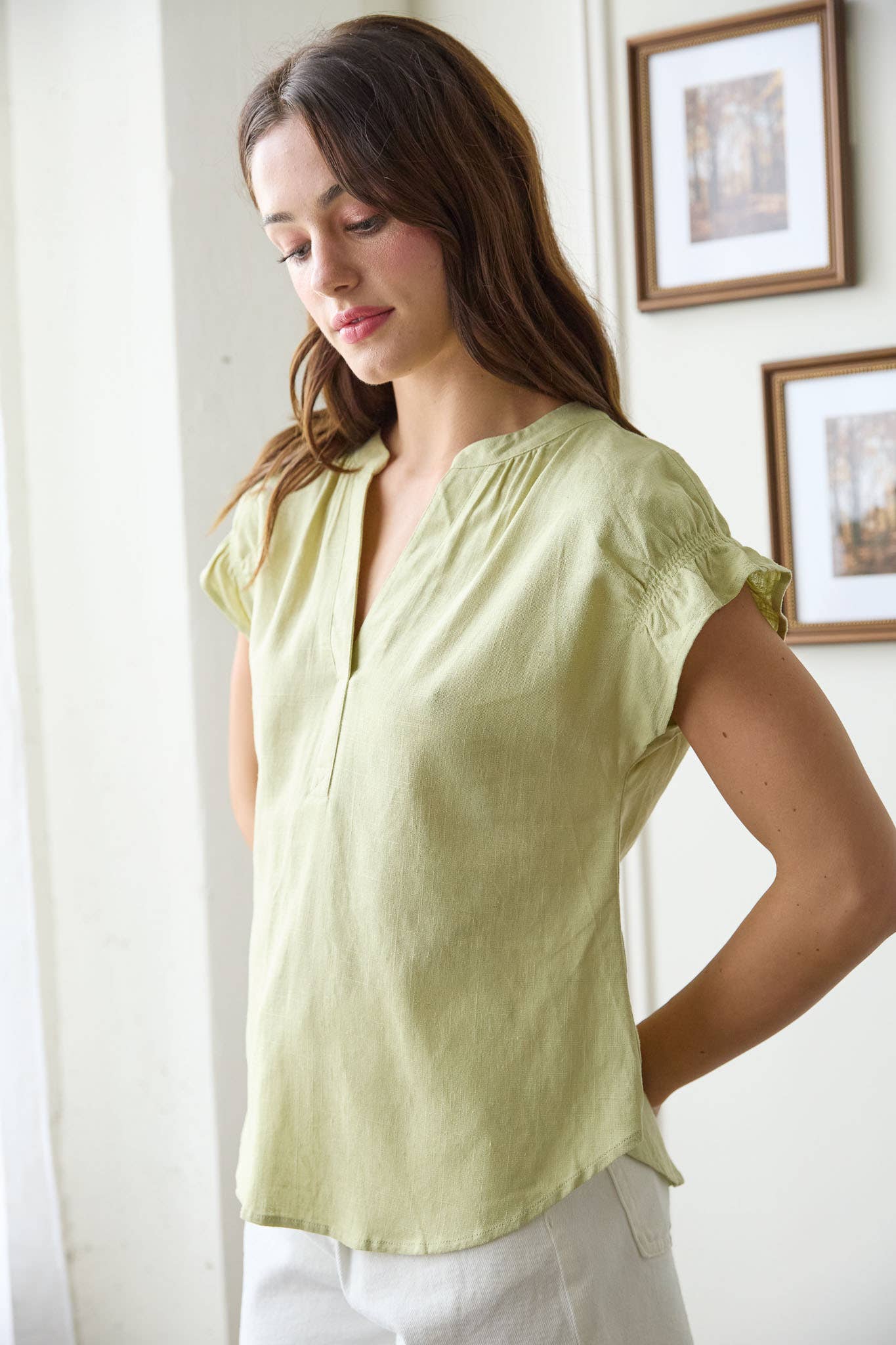 Blu Pepper The Split Neck Ruched Linen Blouse - 926 West