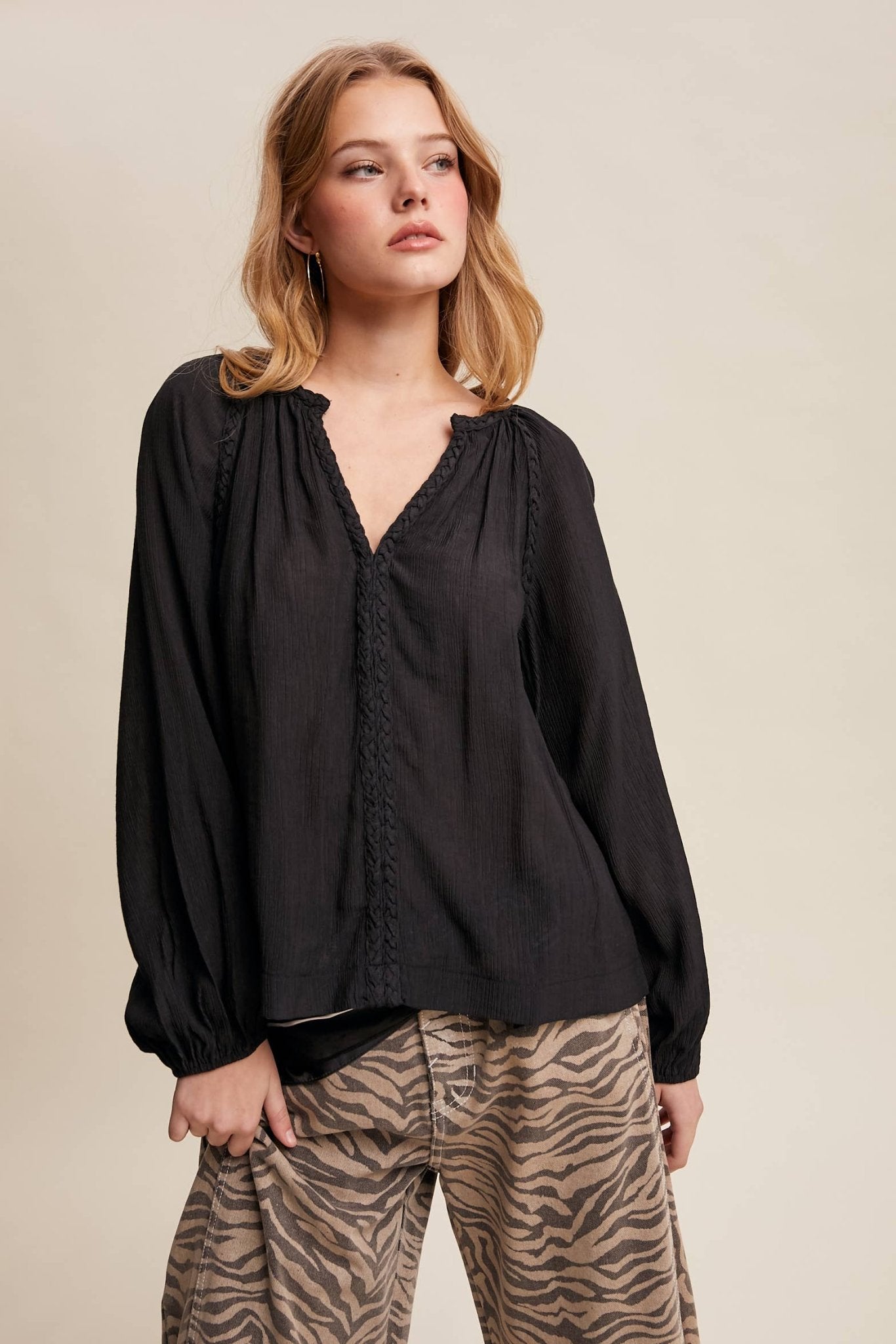 Braided Trim Peasant Blouse – Boho Flowy Top - 926 West