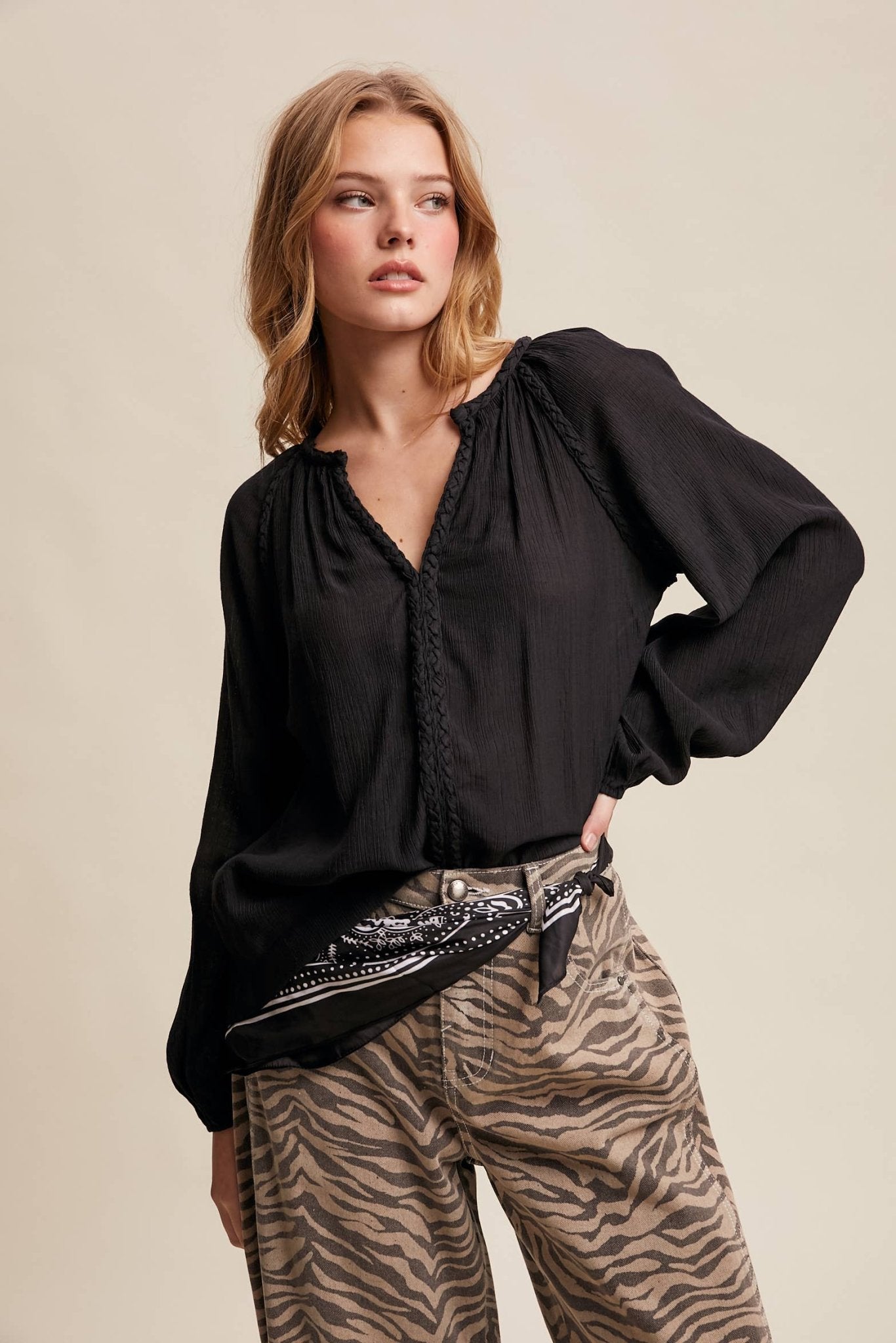 Braided Trim Peasant Blouse – Boho Flowy Top - 926 West