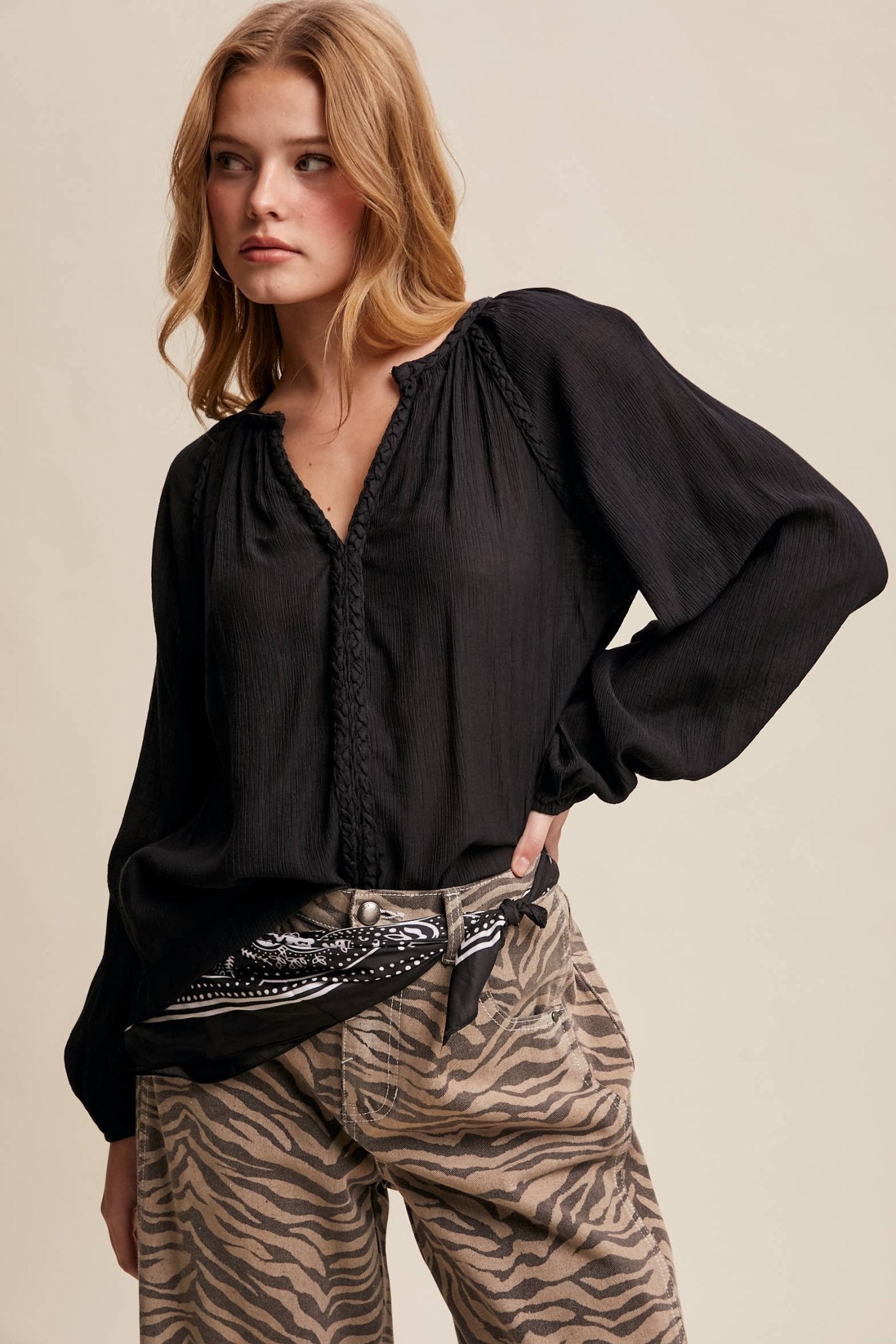 Braided Trim Peasant Blouse – Boho Flowy Top - 926 West