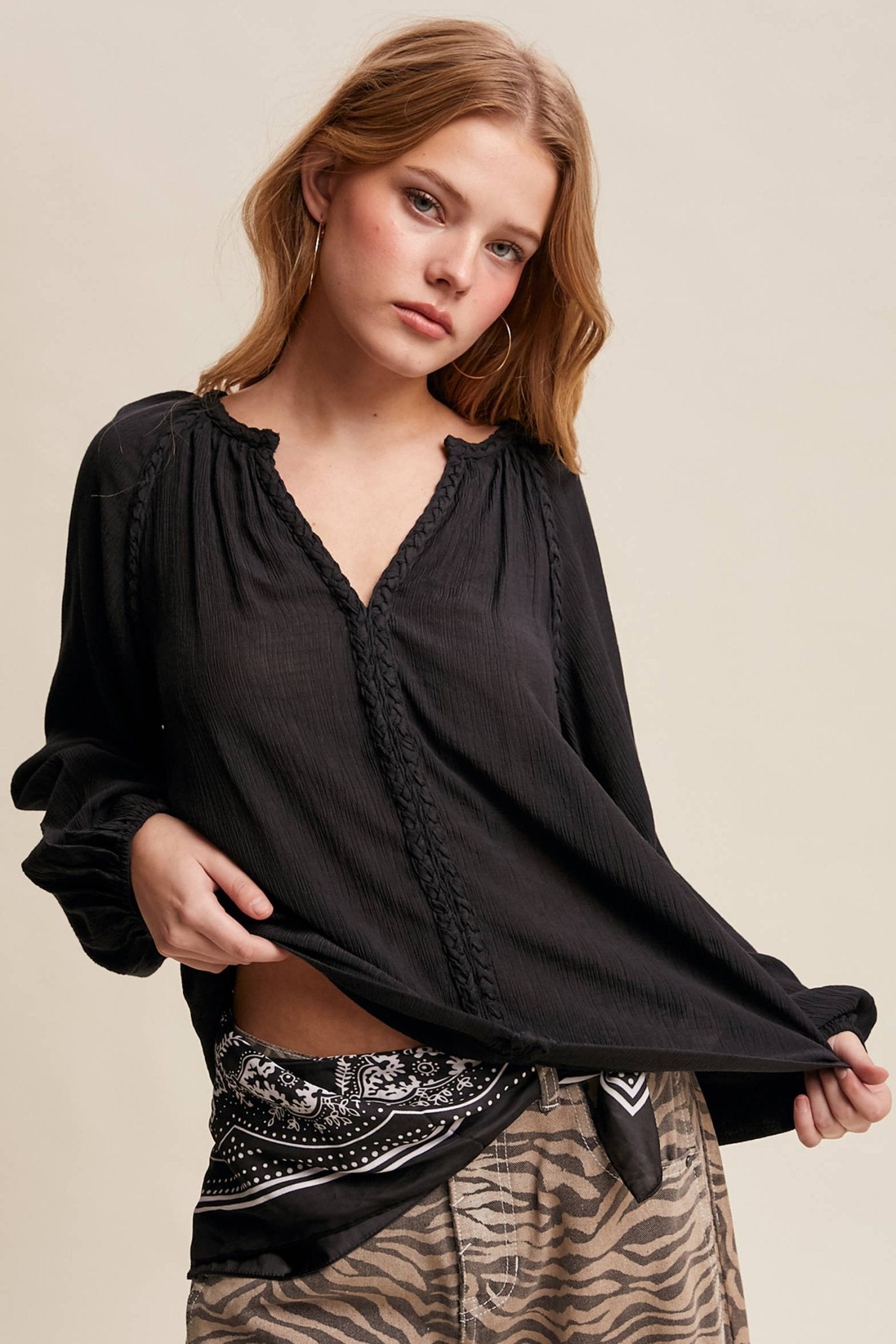 Braided Trim Peasant Blouse – Boho Flowy Top - 926 West