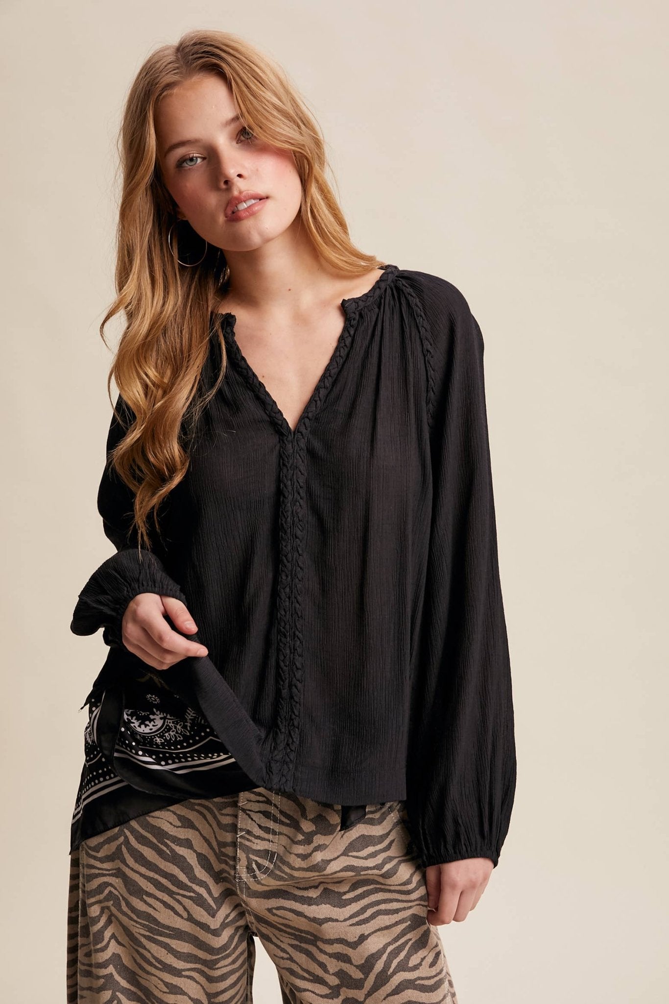 Braided Trim Peasant Blouse – Boho Flowy Top - 926 West
