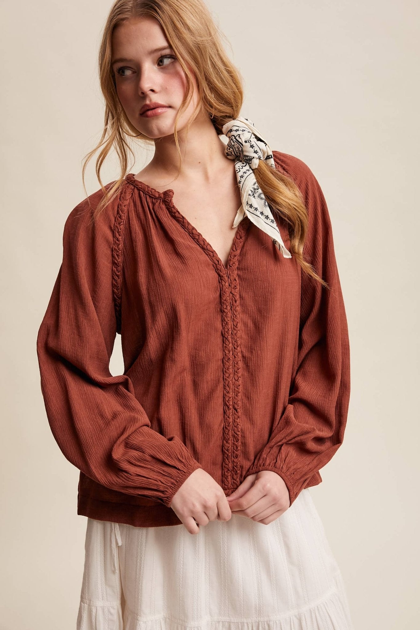 Braided Trim Peasant Blouse – Boho Flowy Top - 926 West