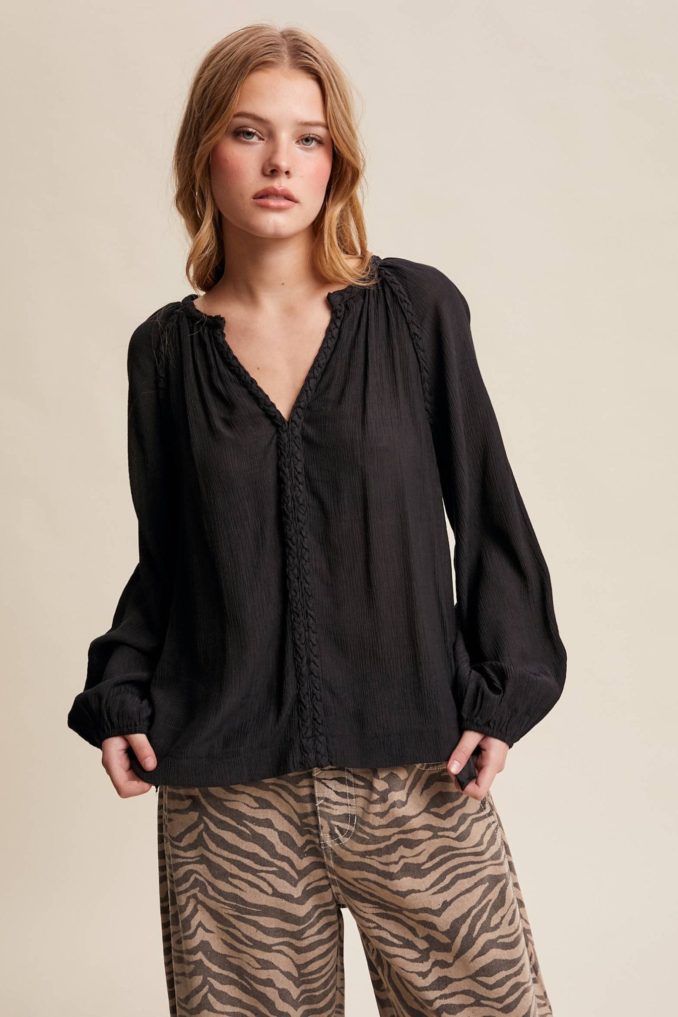 Braided Trim Peasant Blouse – Boho Flowy Top - 926 West