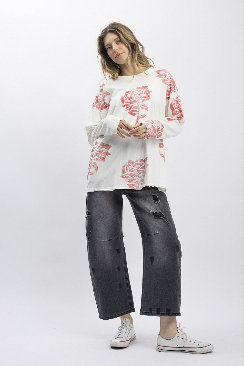 BlueVelvet Long Sleeve Oversized Rose Print Shirt