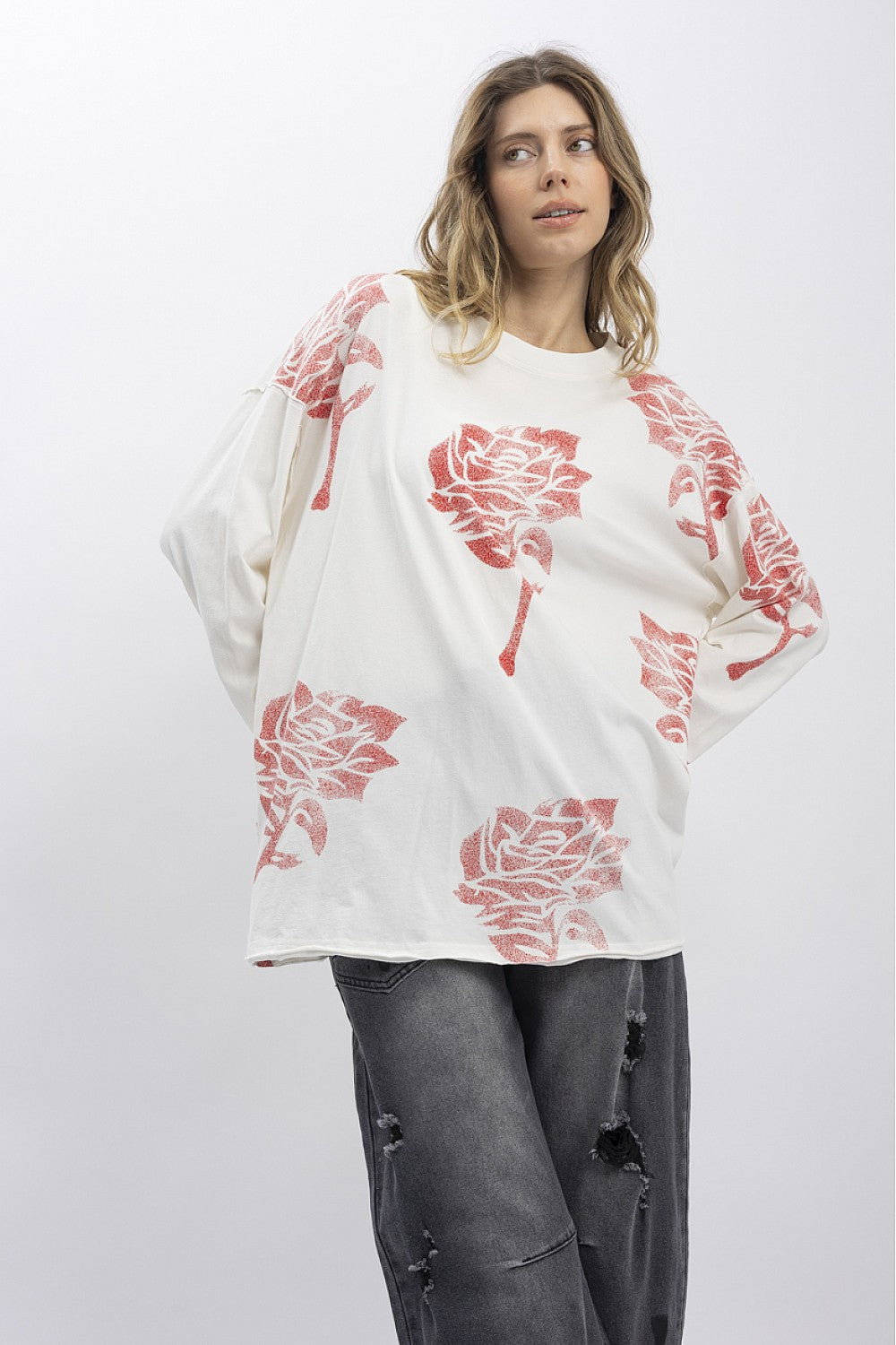 BlueVelvet Long Sleeve Oversized Rose Print Shirt