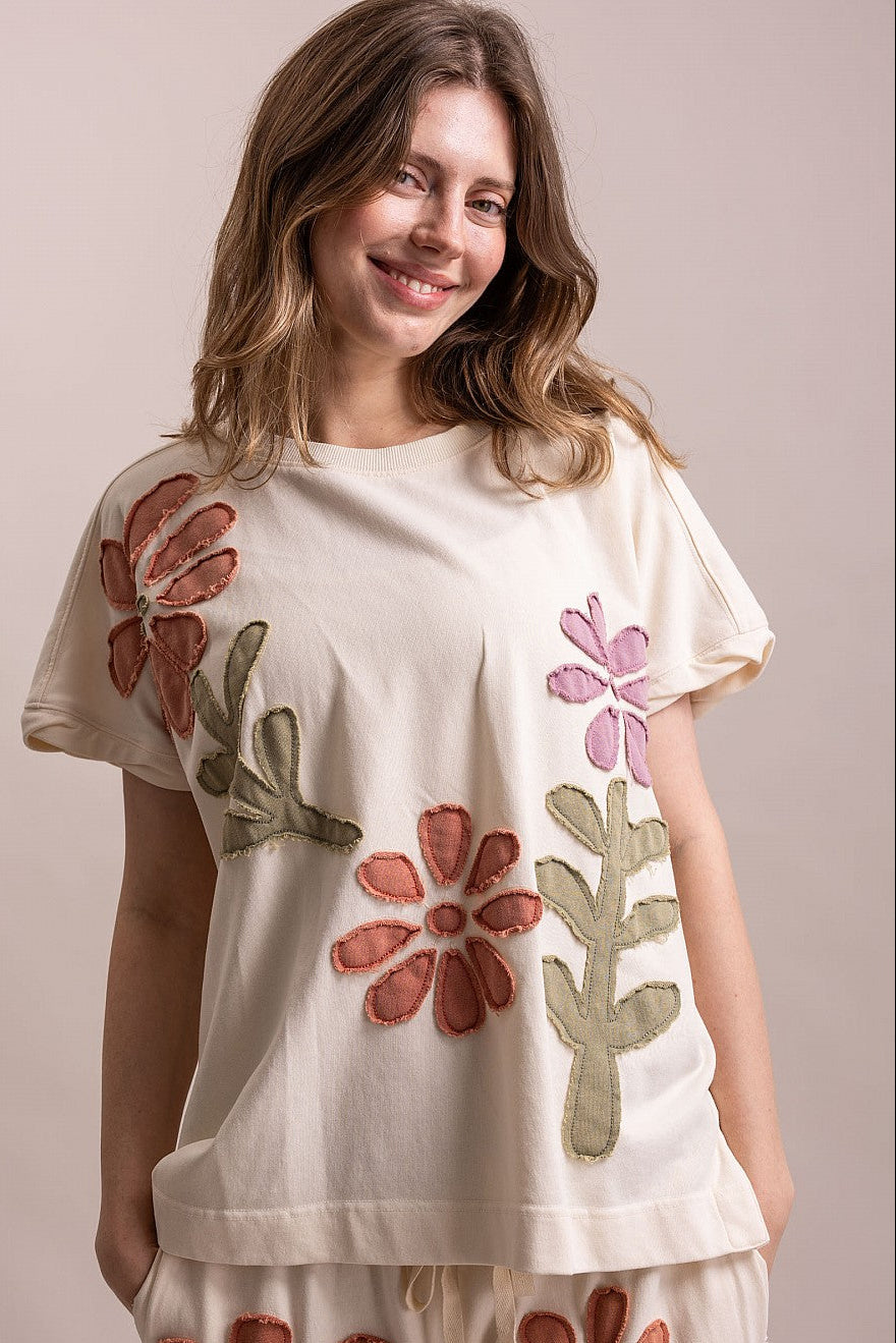 BlueVelvet Short Sleeve Round Neck Patchwork Top