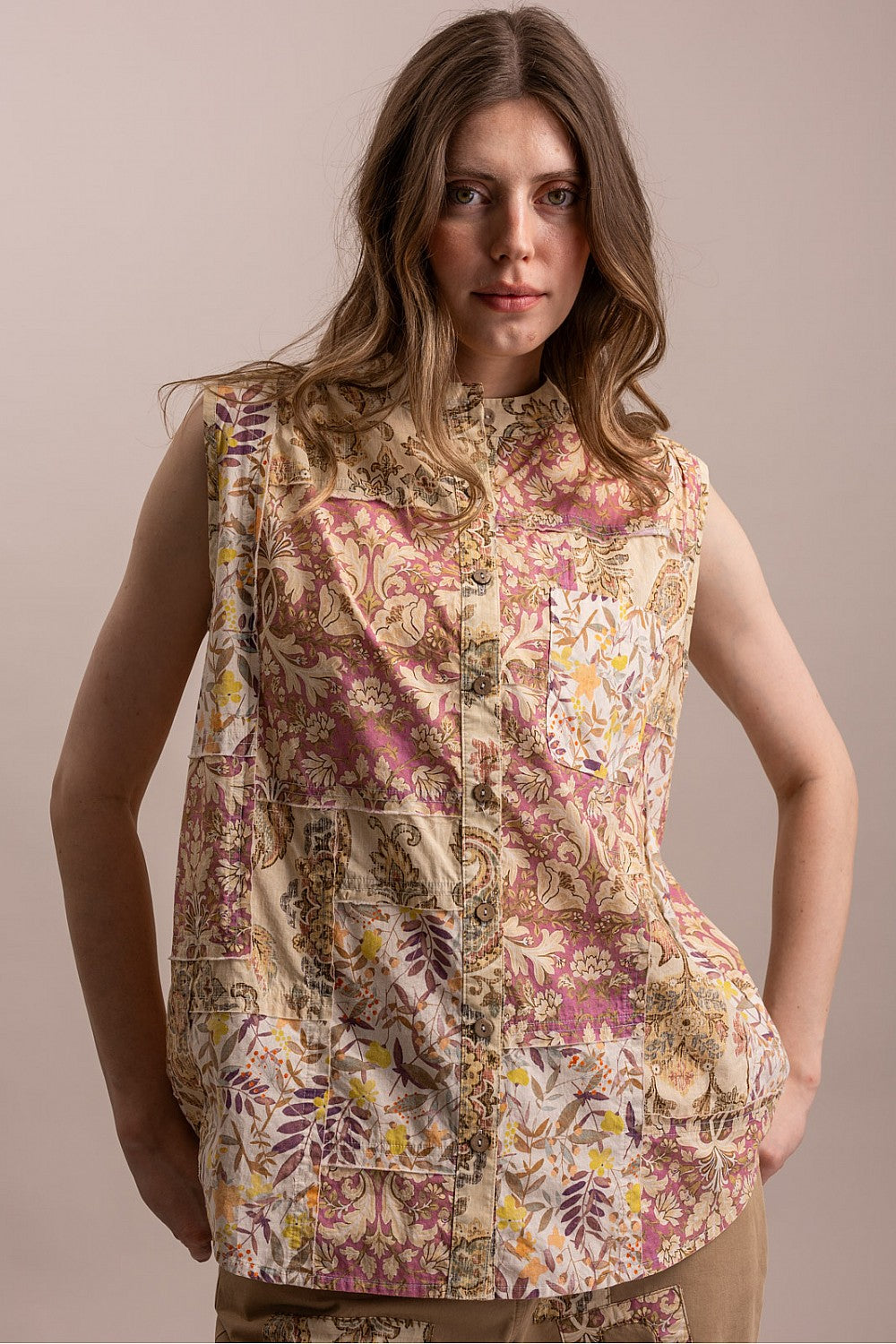 Bluevelvet Flower & Paisley Print Sleeveless Button-Down Top | 100% Cotton