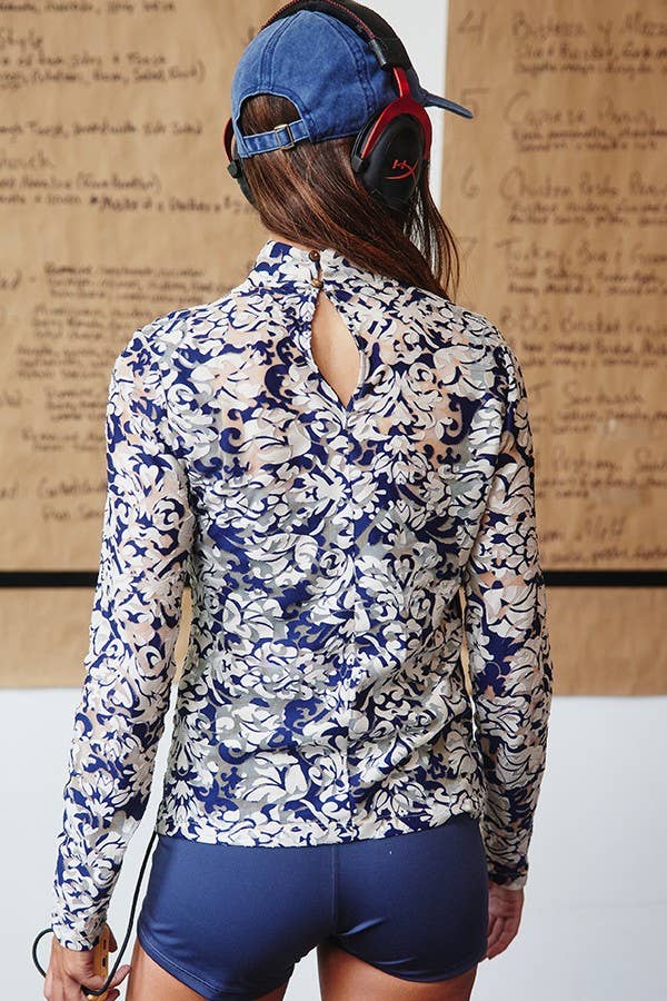 BUCKETLIST - Mock Neck Long Sleeve Slim Fit Floral Sheer Top - 926 West