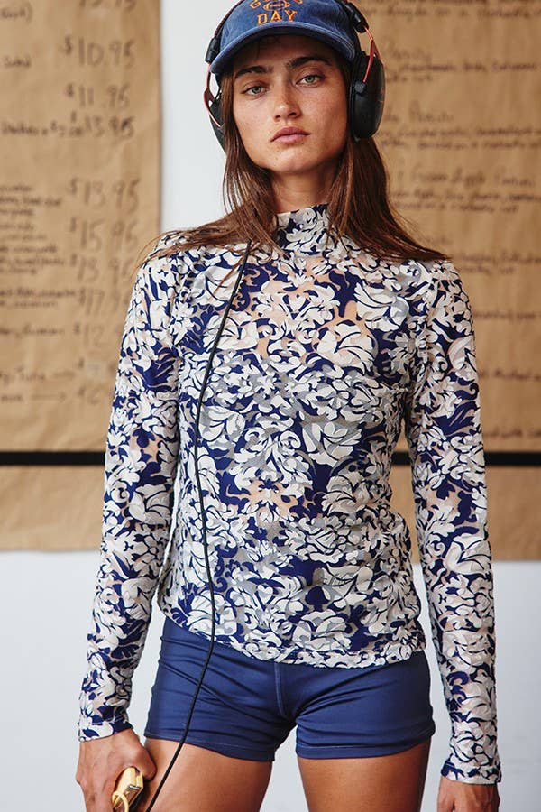 BUCKETLIST - Mock Neck Long Sleeve Slim Fit Floral Sheer Top - 926 West