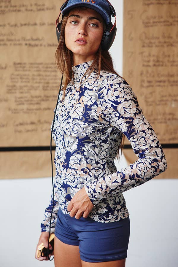 BUCKETLIST - Mock Neck Long Sleeve Slim Fit Floral Sheer Top - 926 West