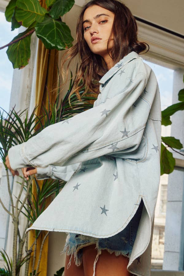 BUCKETLIST - Star Print Washed Denim Shirt Jacket Shacket - 926 West