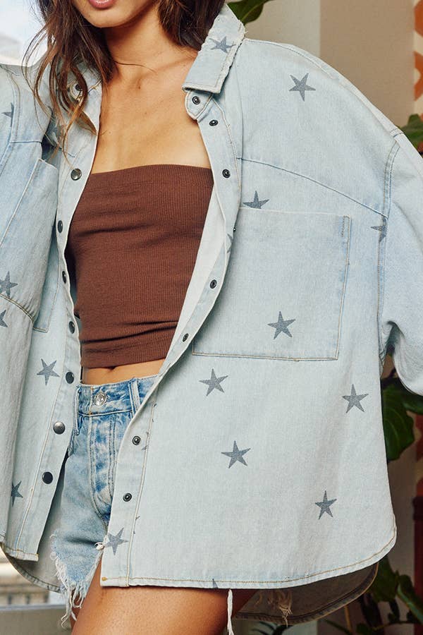 BUCKETLIST - Star Print Washed Denim Shirt Jacket Shacket - 926 West