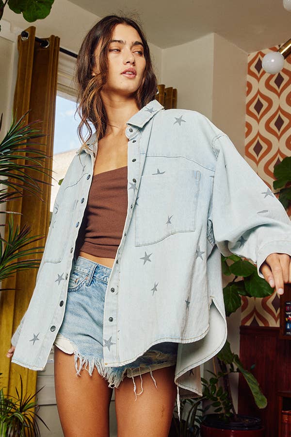 BUCKETLIST - Star Print Washed Denim Shirt Jacket Shacket - 926 West
