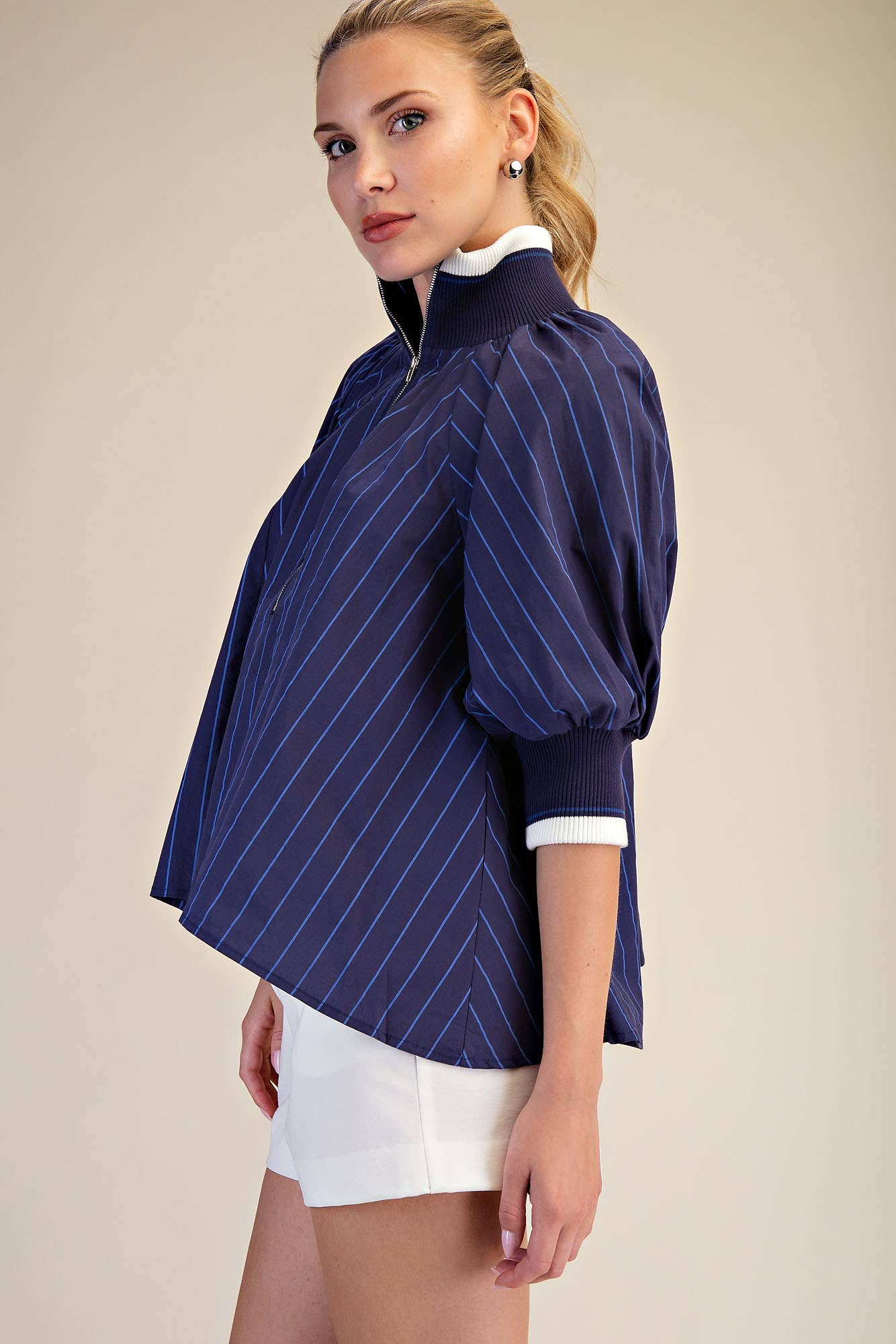 GLAM - Mock Neck Band Puff Sleeve Blouse