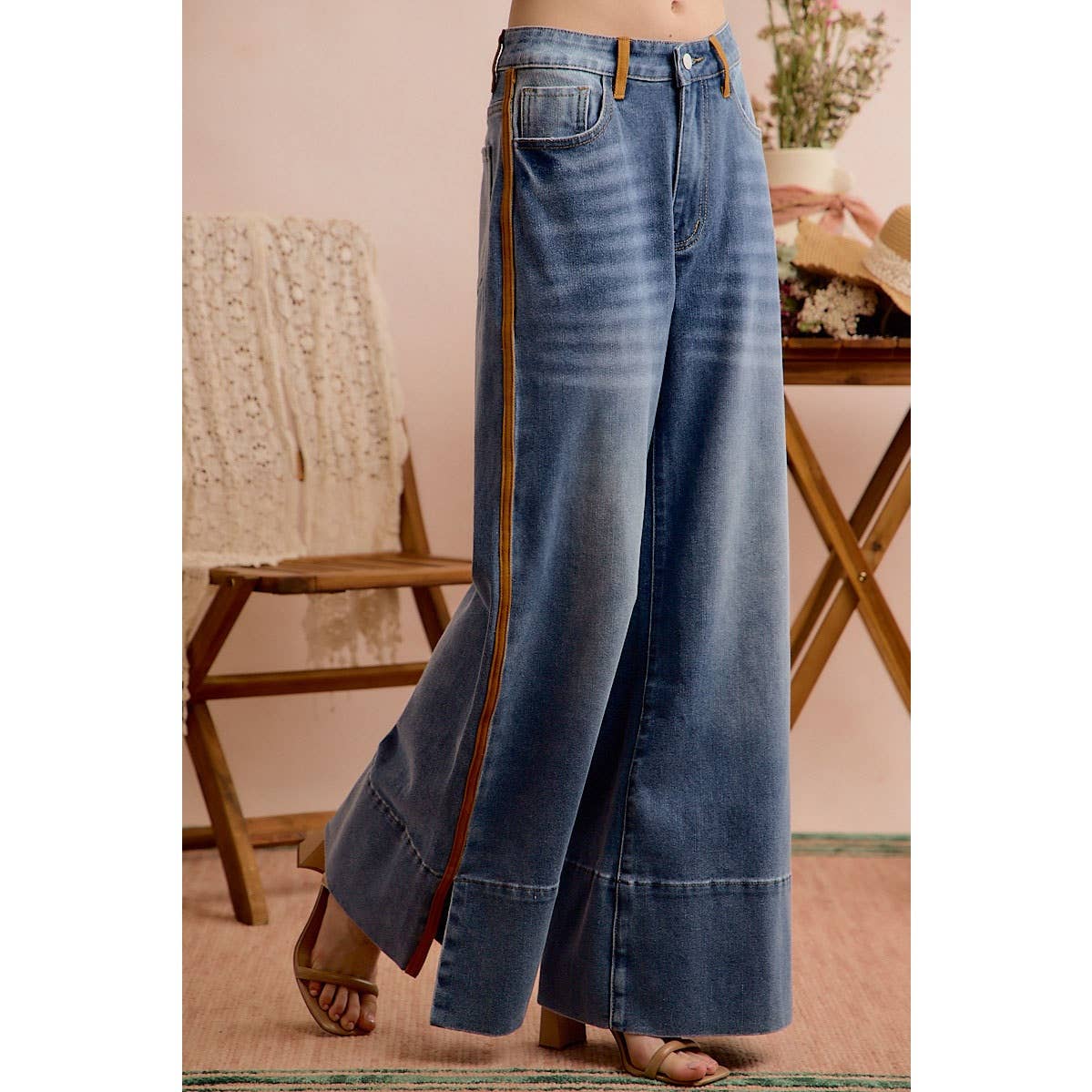 Wide-Leg Flare Washed Denim Jeans with Side-Seam Detail