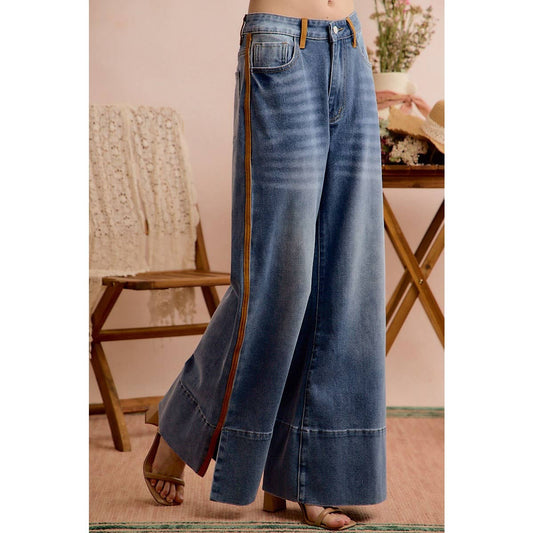 Wide-Leg Flare Washed Denim Jeans with Side-Seam Detail