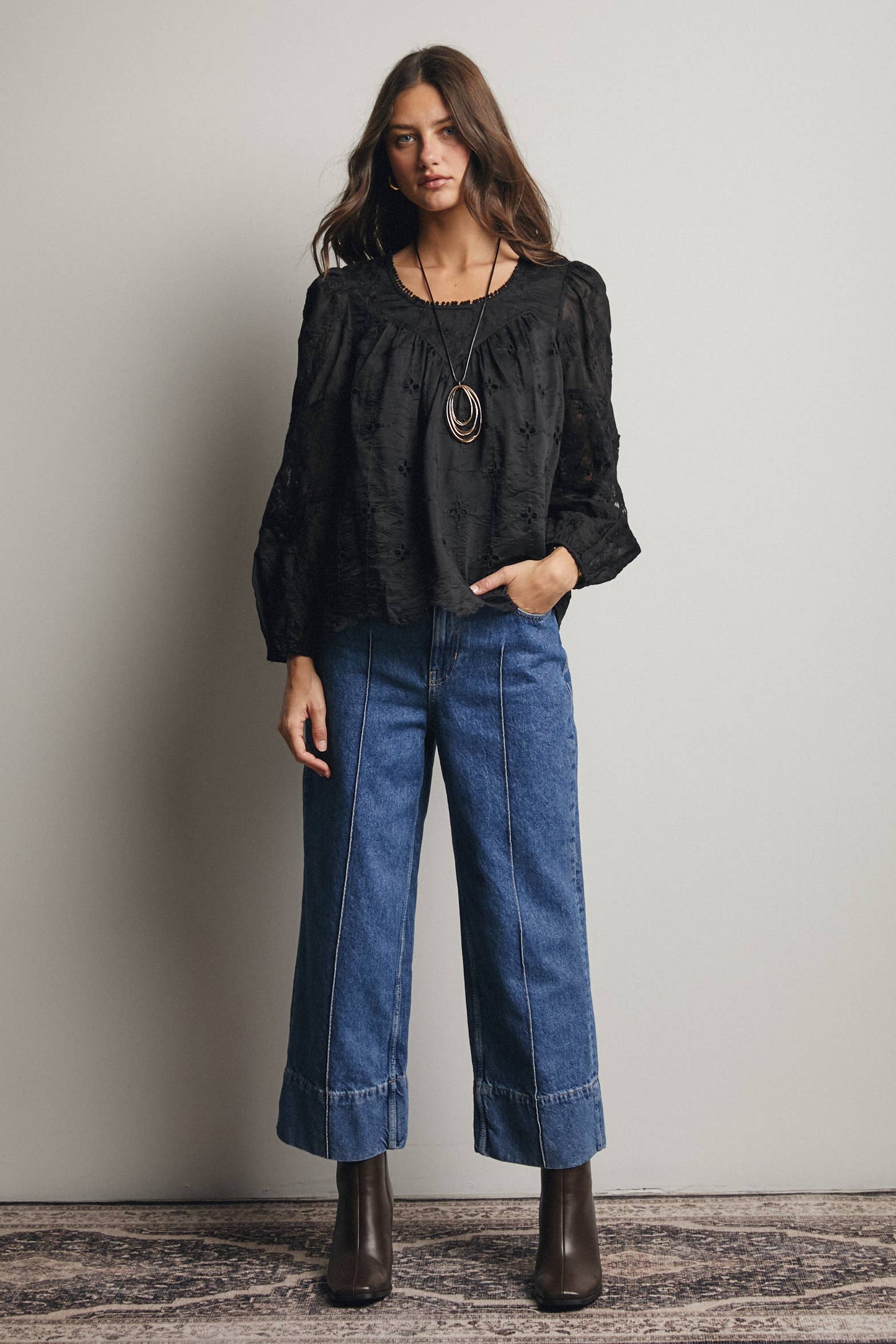 Forte - Embroidered Lace Puff Sleeve Blouse