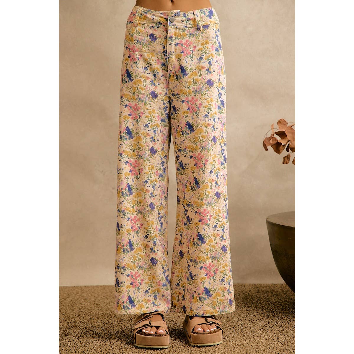 Floral Print Twill Wide Leg Pants