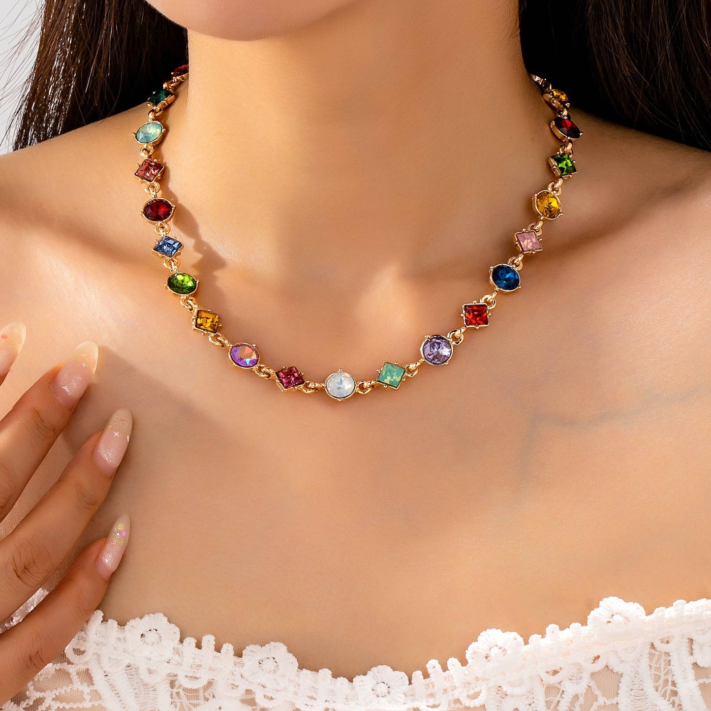 Multicolored Mixed-Shape Crystal Station Necklace