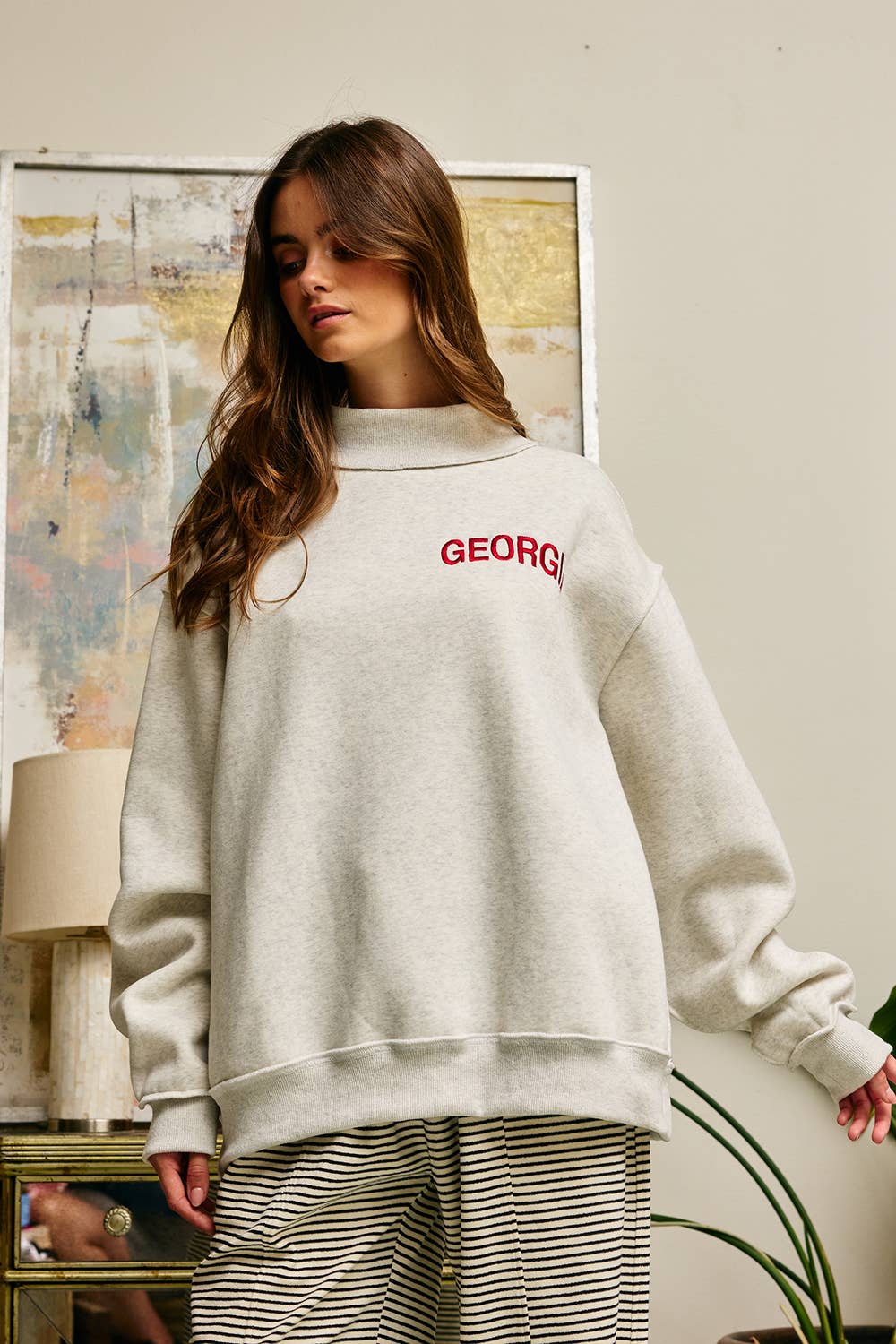 Embroidered "GEORGIA" Mock Neck Pullover