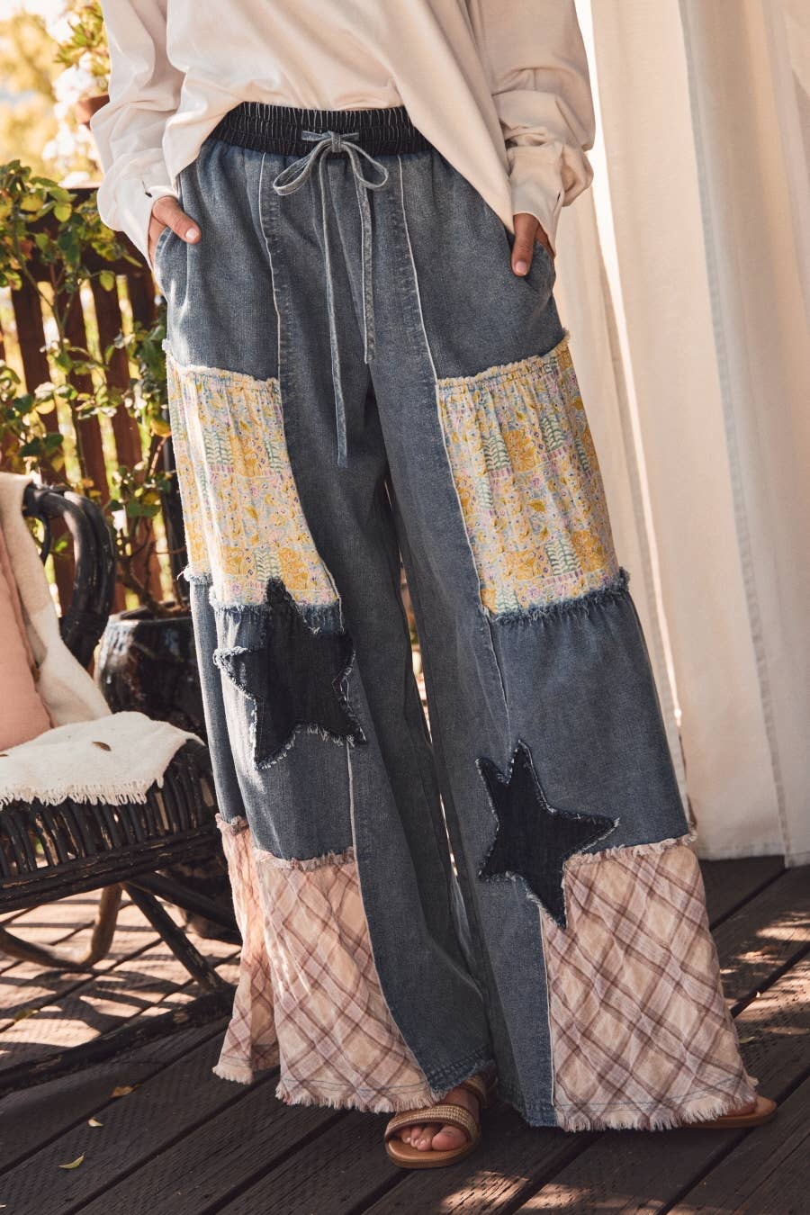 Oddi - Mixed Fabric Patchwork Wide Leg Pants