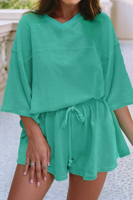Solid Loose V Neck Half Sleeve Tee and Shorts 926 WEST