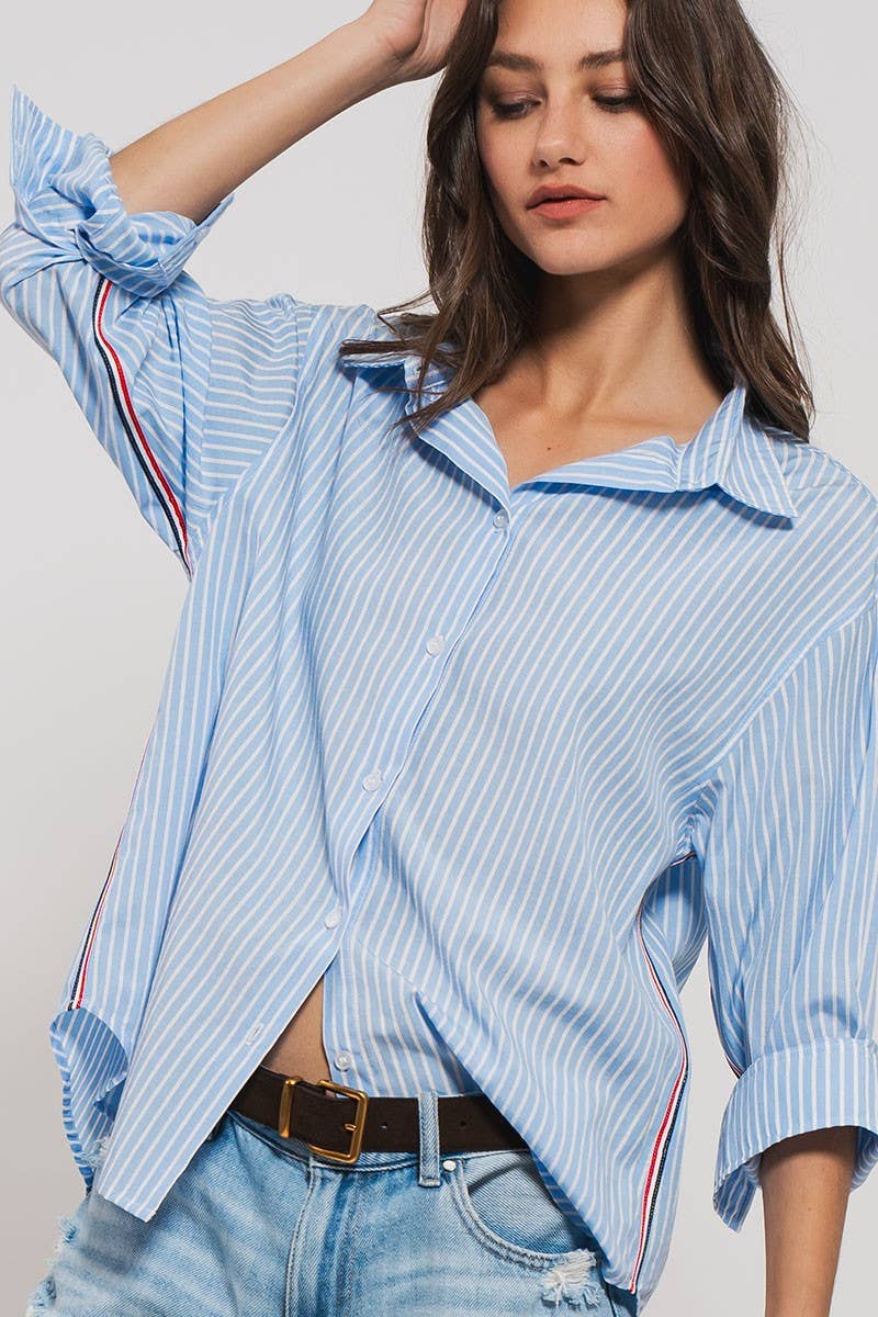 Striped Twill Tape Detail Statement Button Shirt Urban Daizy