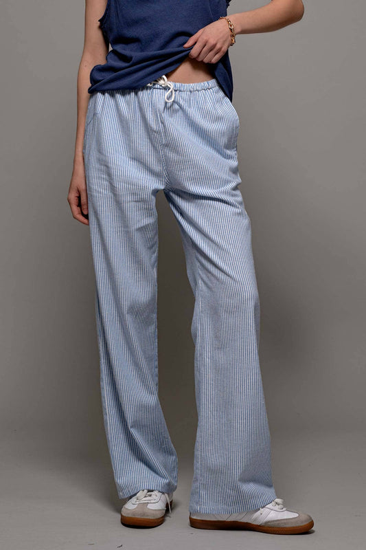 Blue Pinstripe Drawstring Wide Leg Lounge Pants 926 WEST
