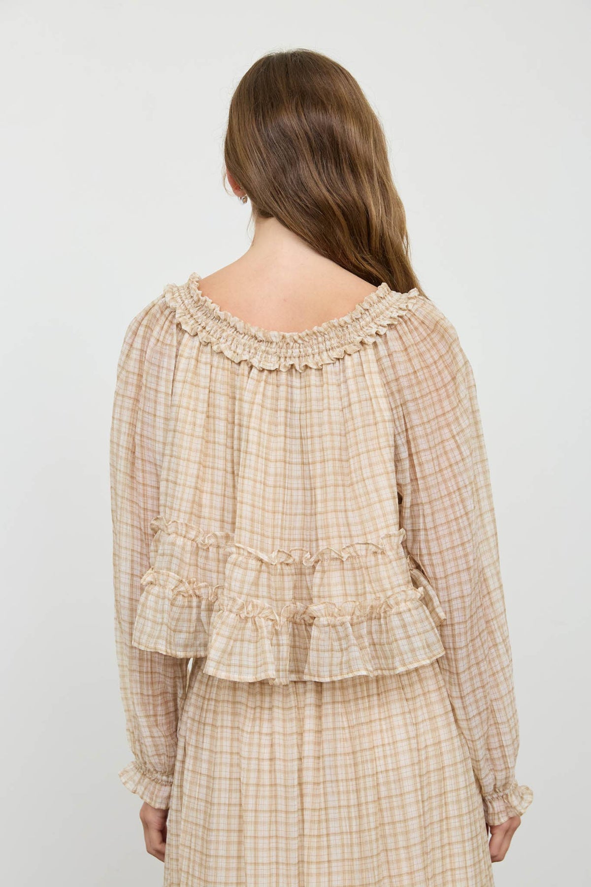 Khaki Plaid Smocked Puff Sleeve Top