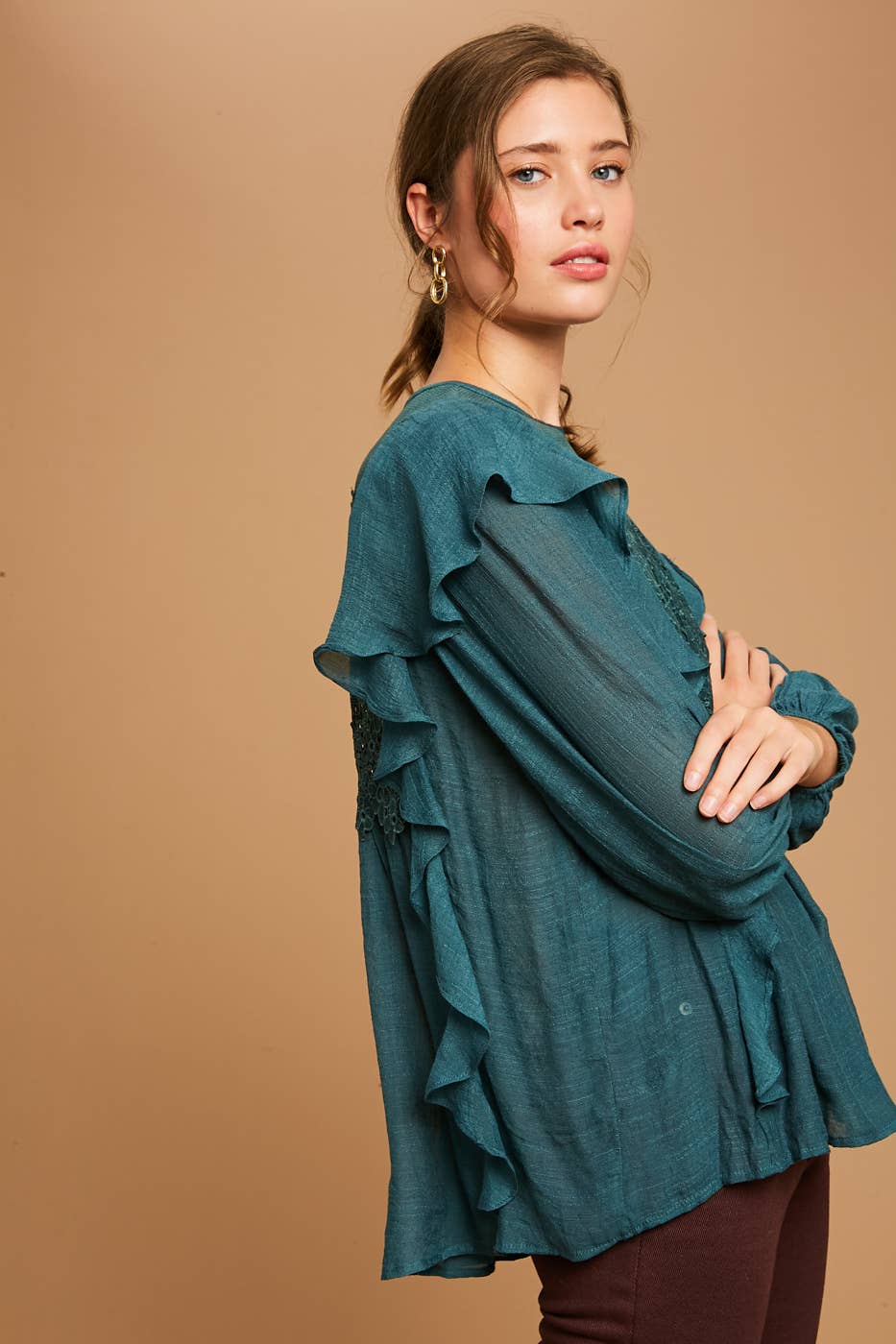 Emerald Green Floral Lace Ruffle Peasant Blouse