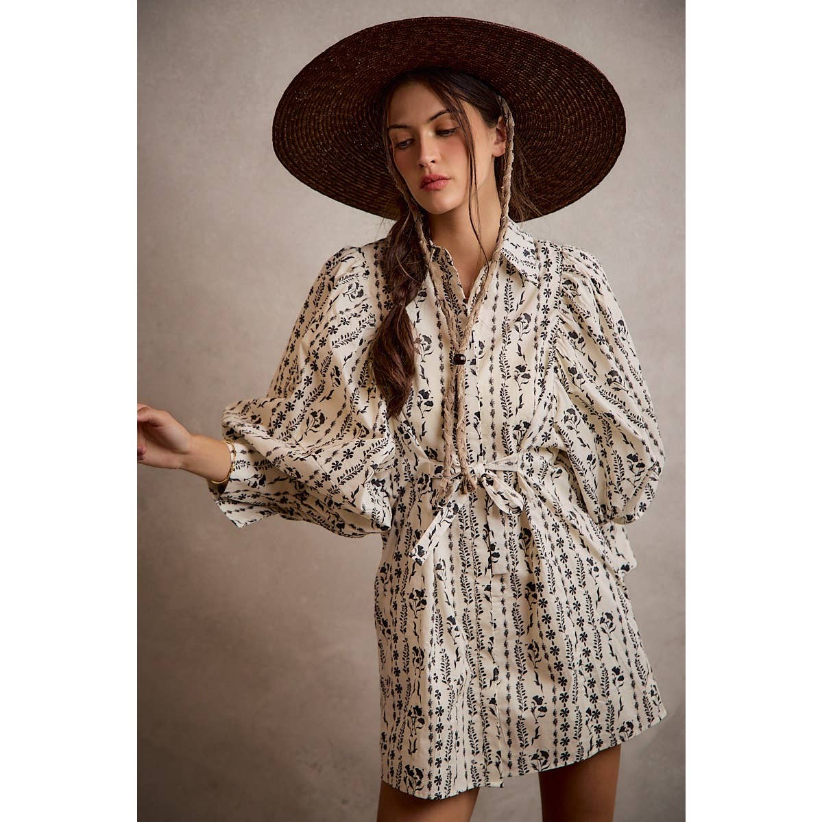 Cream Floral Puff-Sleeve Tie-Waist Mini Dress