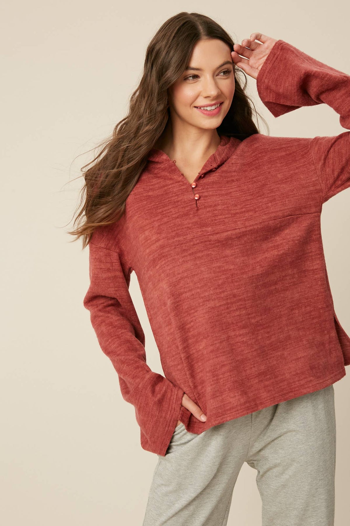 Plum Brushed Knit Henley Hoodie