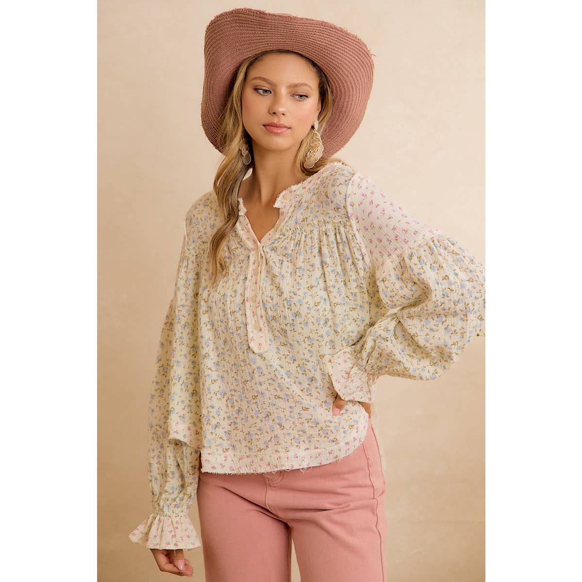 BiBi Floral Crinkle Gauze Button-Front Blouse