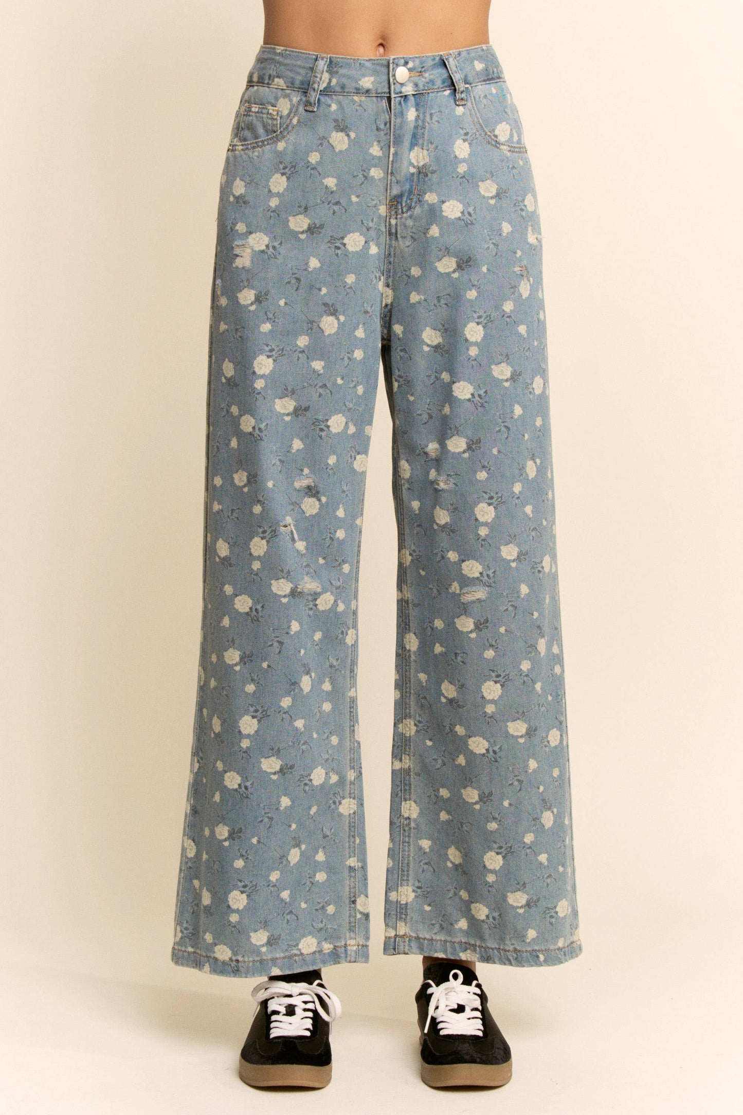 FLORAL PRINT HIGH-WAISTED WIDE-LEG DENIM PANTS