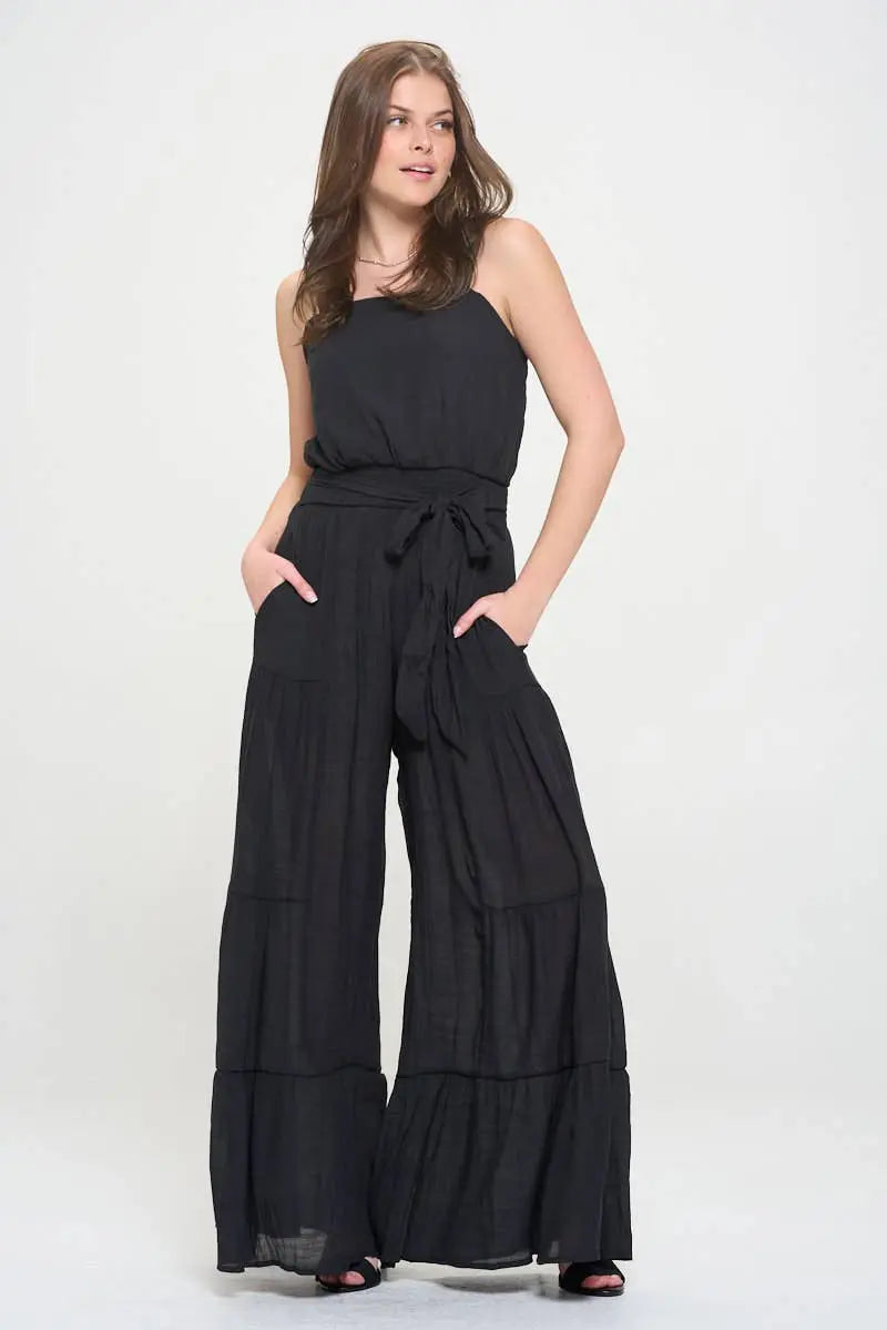 Women's Black ELASTIC STRAP TIERED JUMPSUIT 926 West