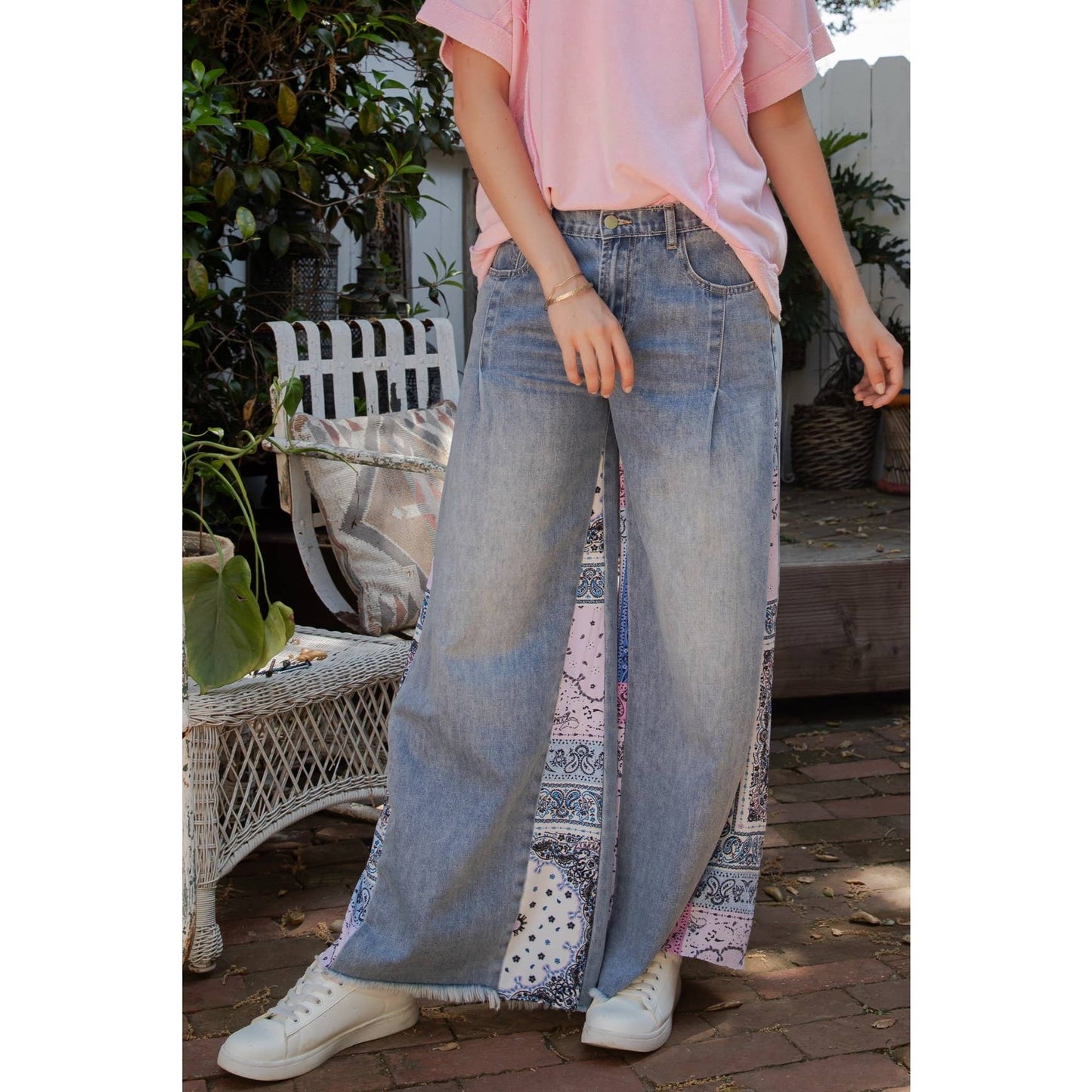 DENIM PALAZZO PANTS WITH PAISLEY PRINT SIDE (SP7672)