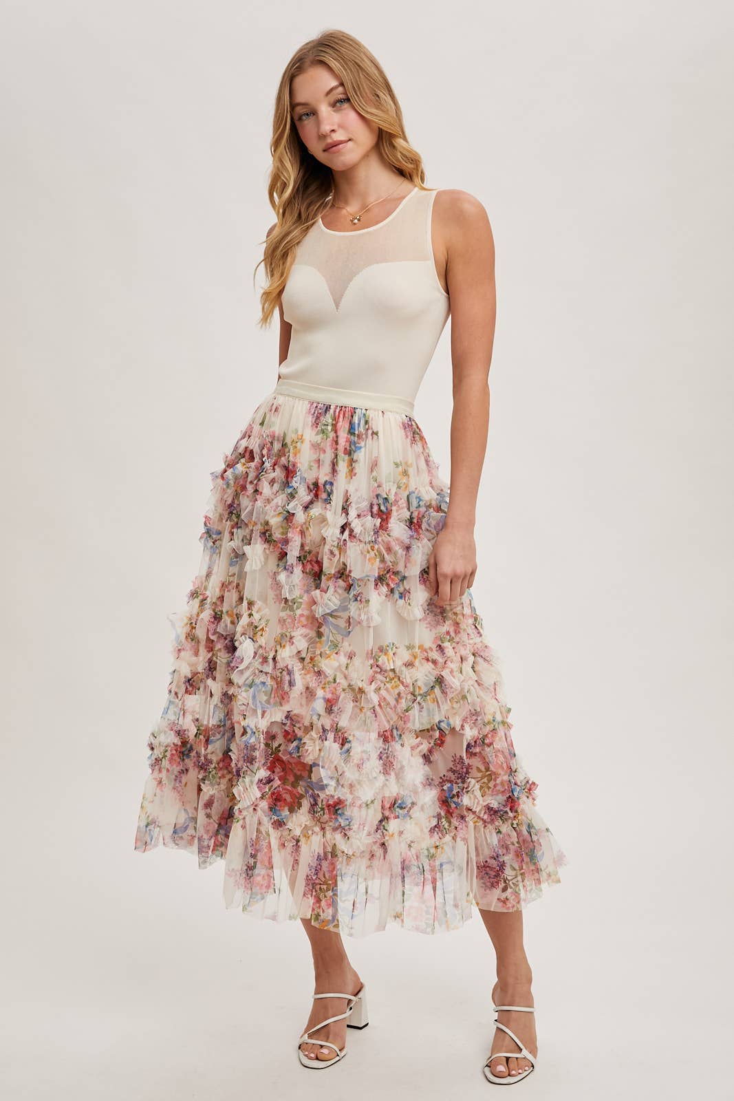 FLORAL RUFFLED MESH MIDI SKIRT Bluivy