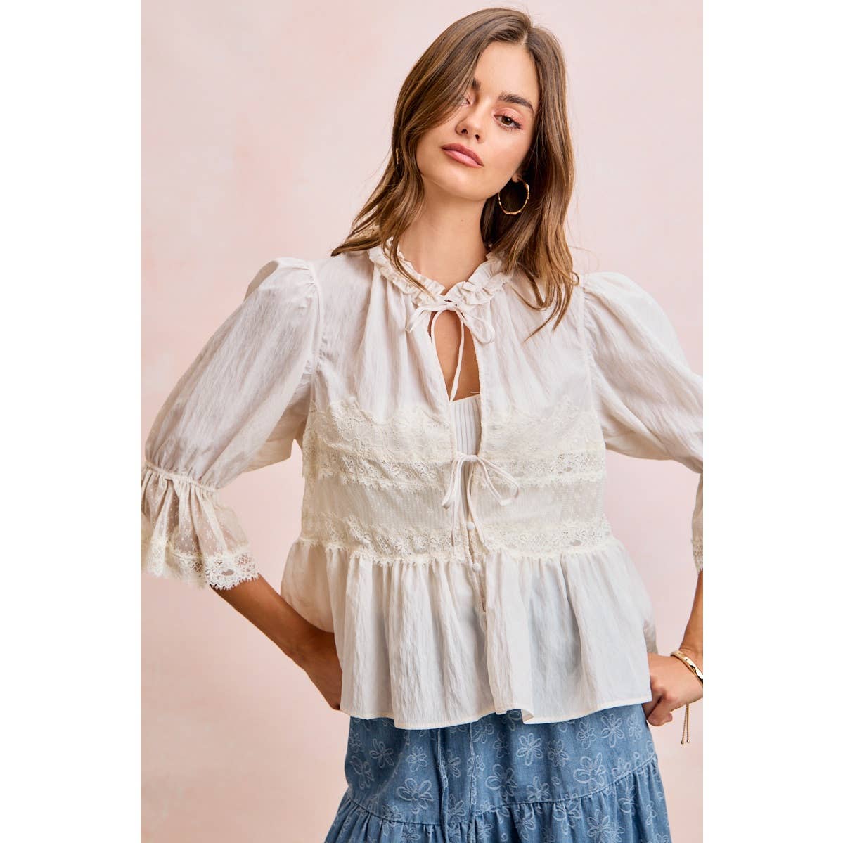 Lace Detail Front Tie Peplum Blouse