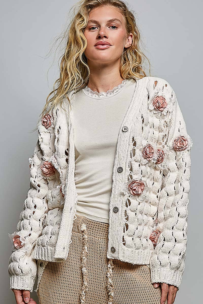 Flower Lace Patch Rib Band Solid Chenille Sweater Cardigan