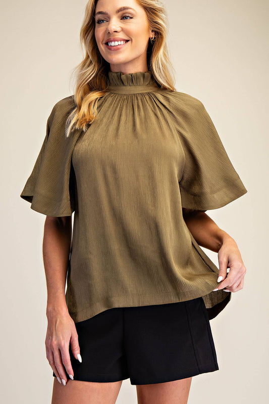 Ruffle Neck Raglan Sleeve Blouse in Green