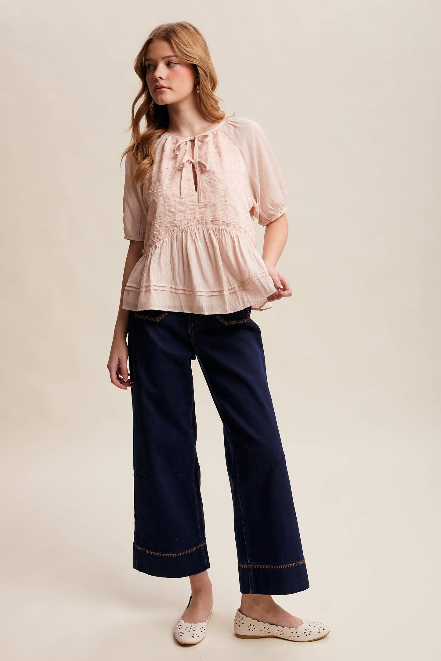 Embroidered Peplum Tie-Front Top – Petal