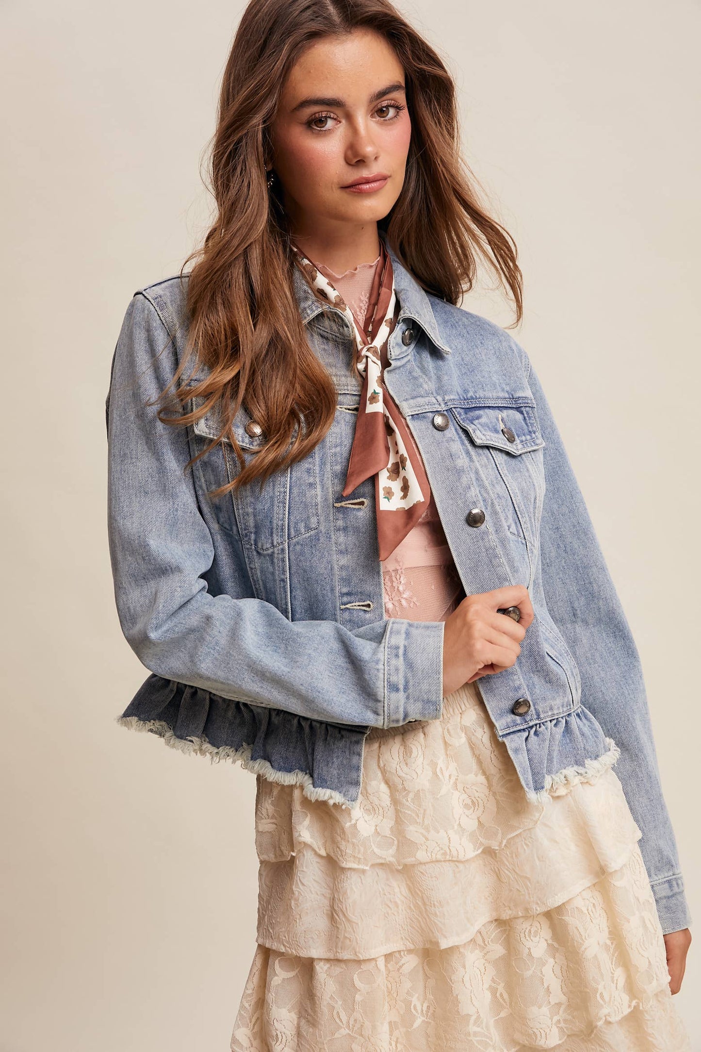 Ruffled Hem Denim Jacket in Light Wash