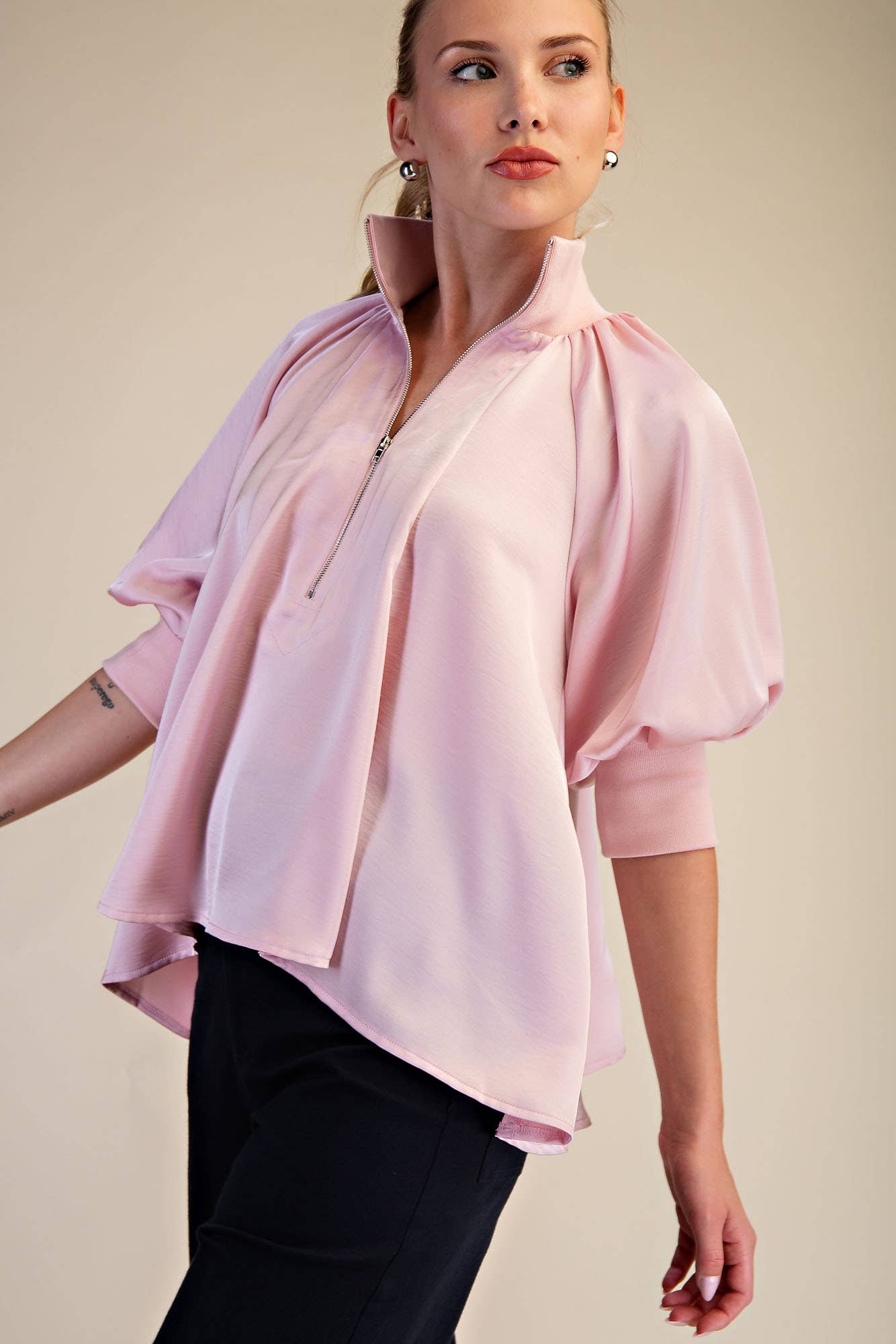 GLAM - Mock Neck Band Puff Sleeve Elegance Blouse