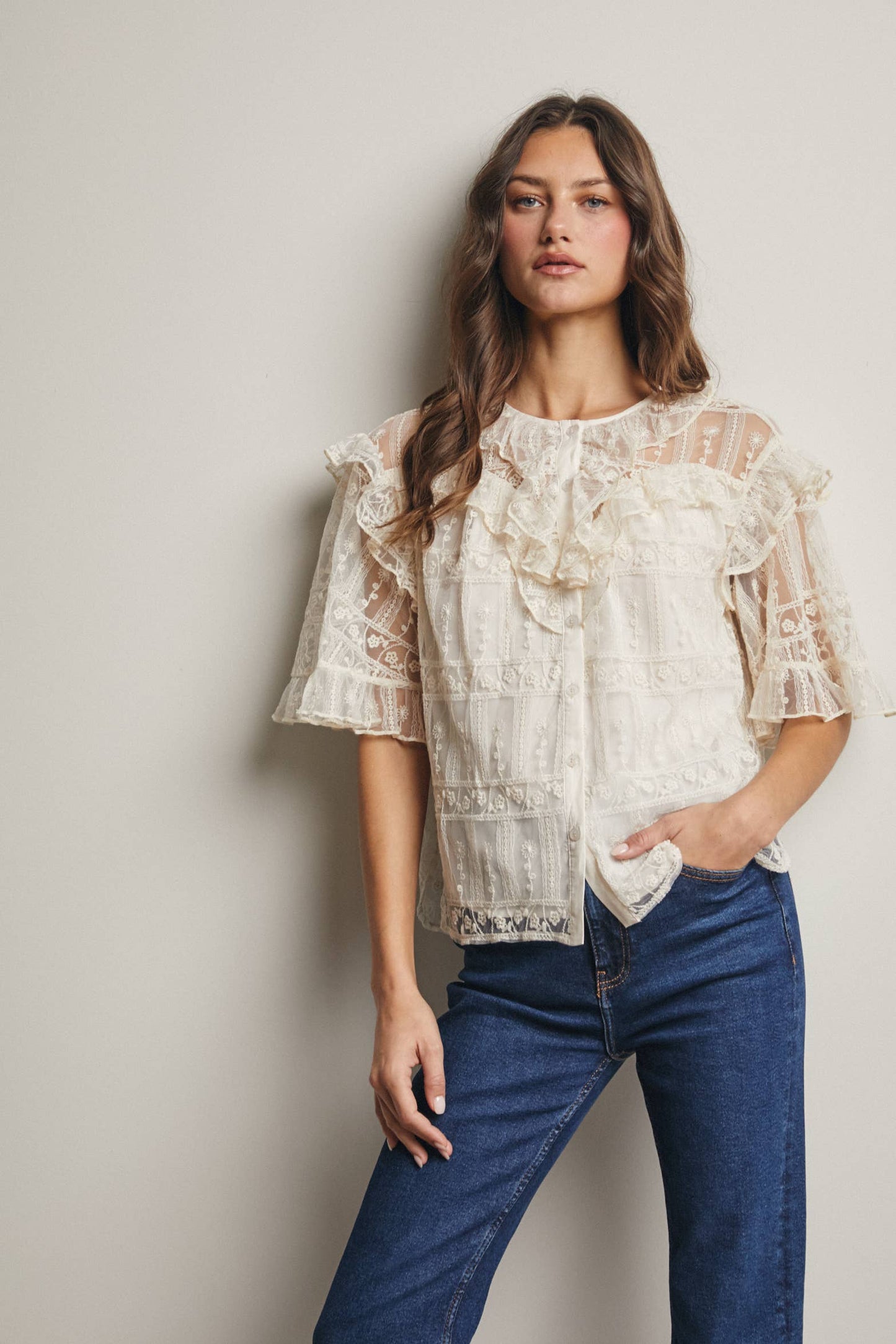 Embroidered Ruffle Lace Blouse - 926 West