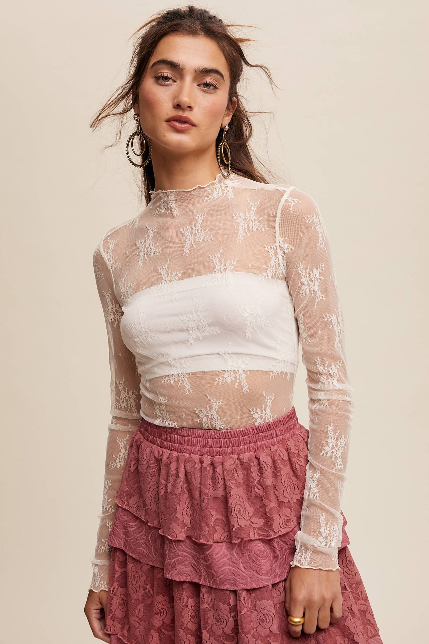 Listicle - Sheer Lace Long-Sleeve Top
