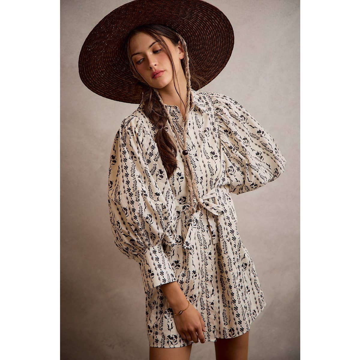Cream Floral Puff-Sleeve Tie-Waist Mini Dress