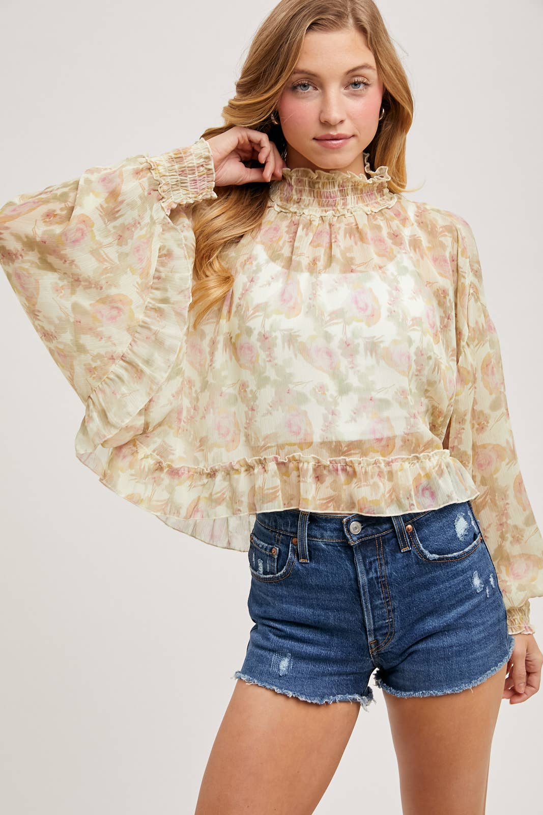 FLORAL PRINT RUFFLED MOCK NECK DOLMAN SLEEVE CHIFFON TOP Bluivy