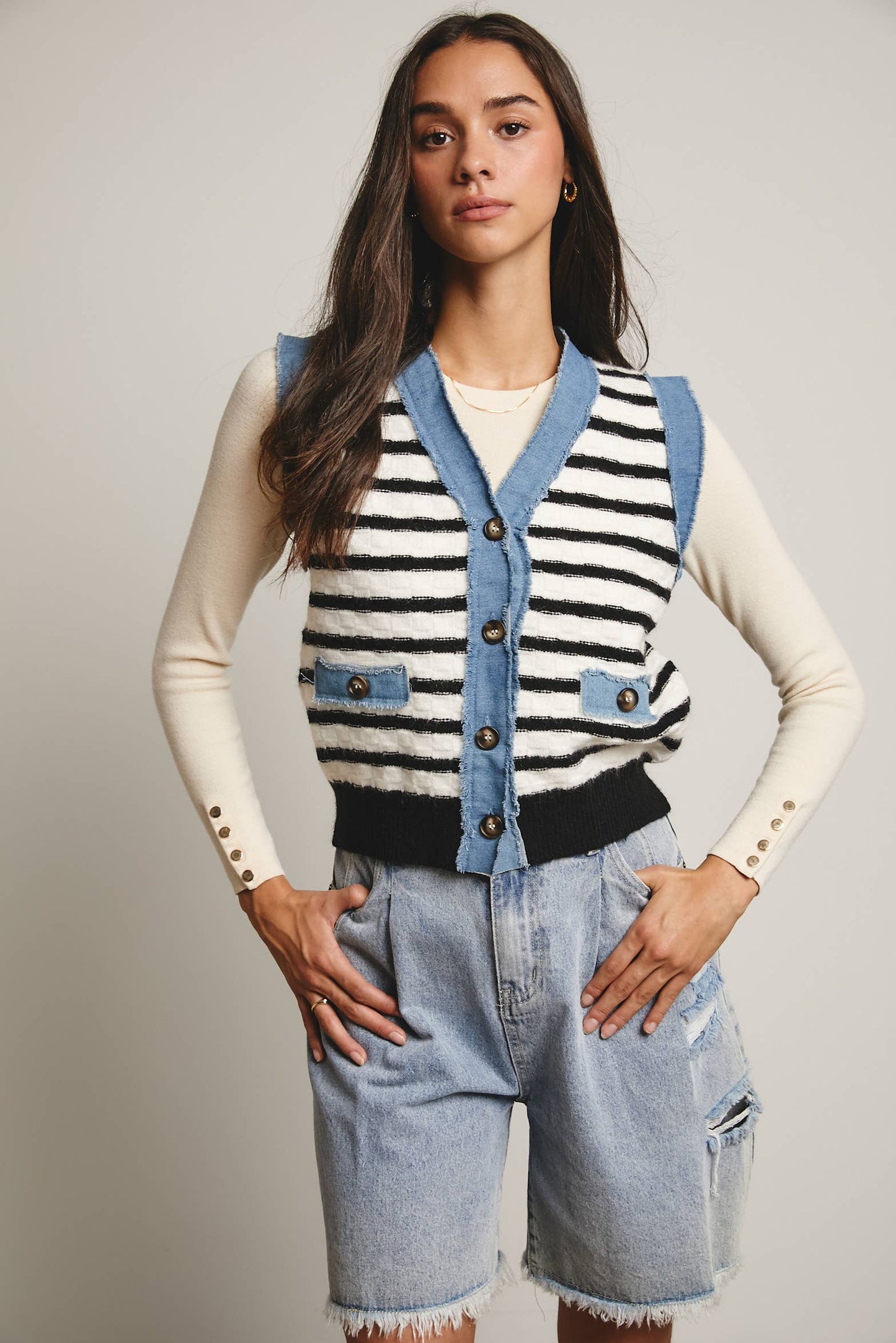 Your Favorite Denim Trim Knit Vest - 926 West