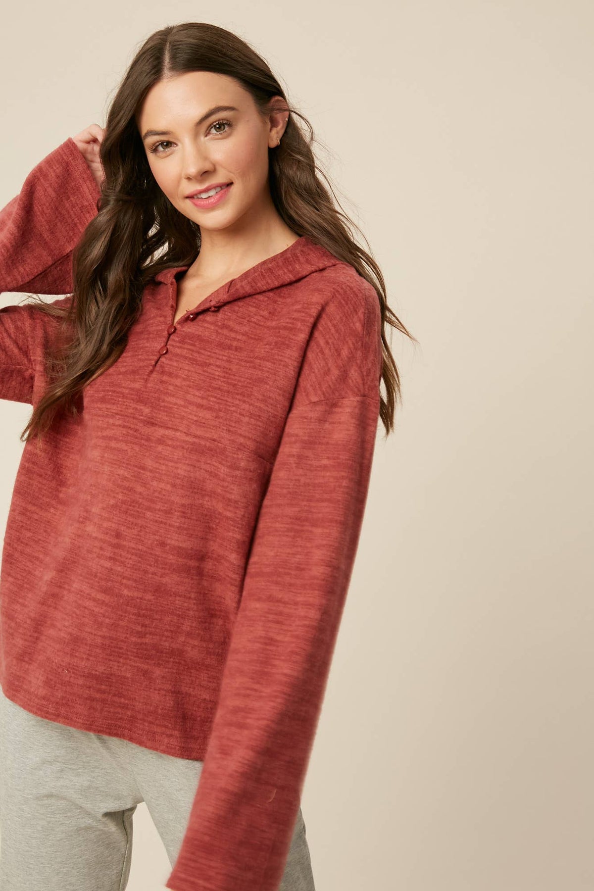 Plum Brushed Knit Henley Hoodie